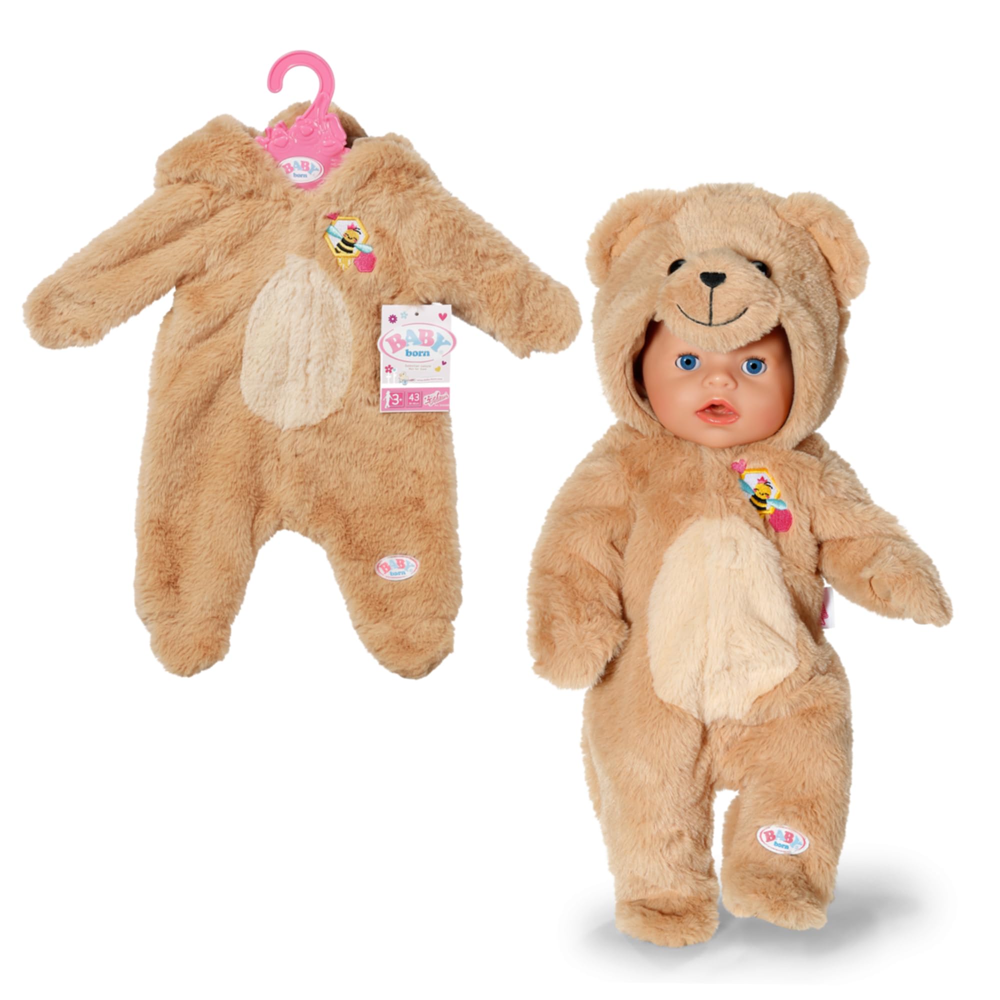 Baby Born Bär Kuschelanzug 43cm, Strampelanzug mit Kapuze und Ohren in Teddy-Optik für 43 cm Puppen, 836088 Zapf Creation