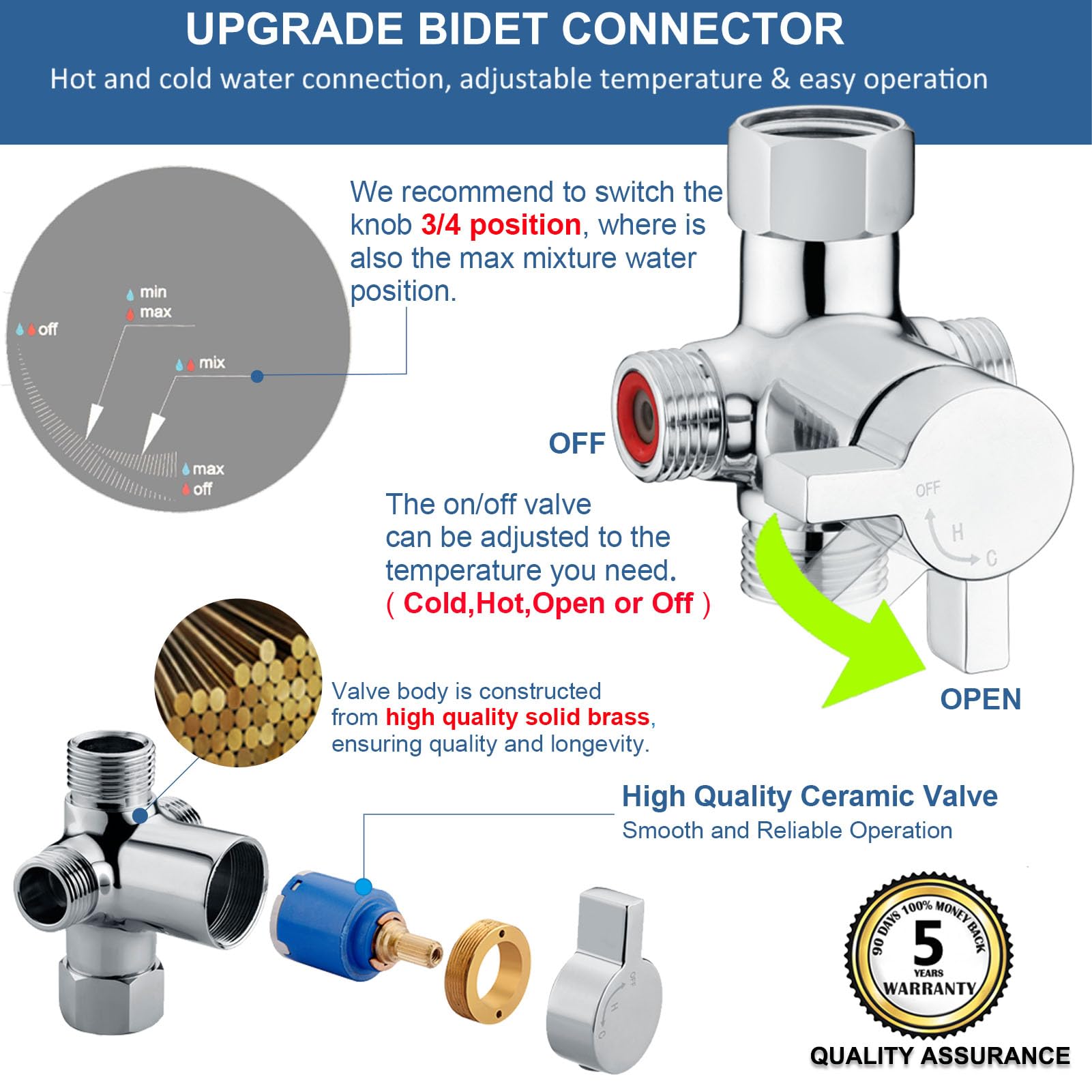 SonTiy Heiß- und Kalt-Bidet-Mischventil-Set, Upgrade-Messing, 4-Wege-Warm-Bidet-T-Adapterventil für Hand-WC-Sprüher, Sitz-Bidet-Aufsatz mit zwei T-Verbindern und 200,7 cm Brauseschlauch