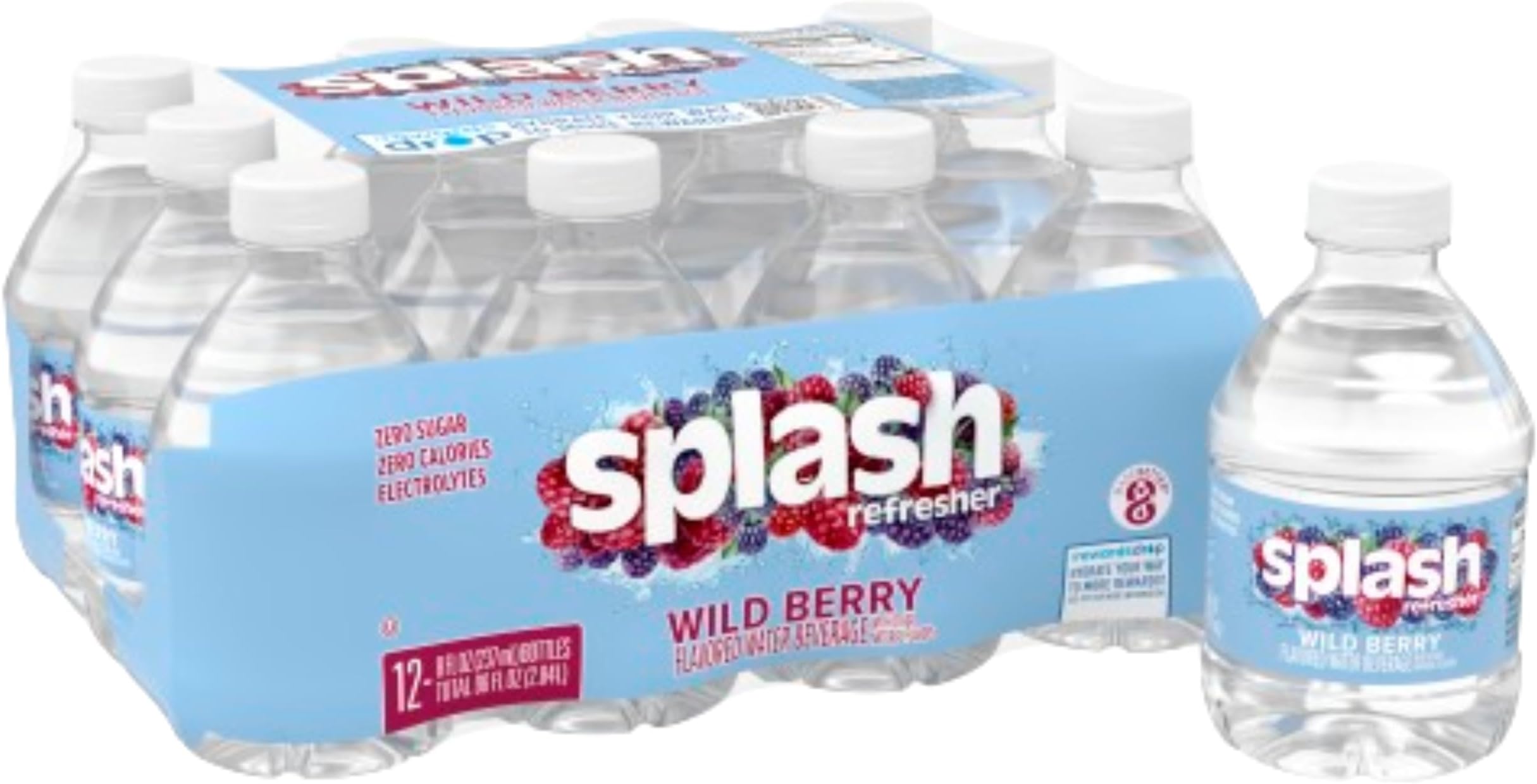 SPLASH REFRESHER Wild Berry Flavored Water, 8 Fl Oz, Plastic Bottle Pack of 12