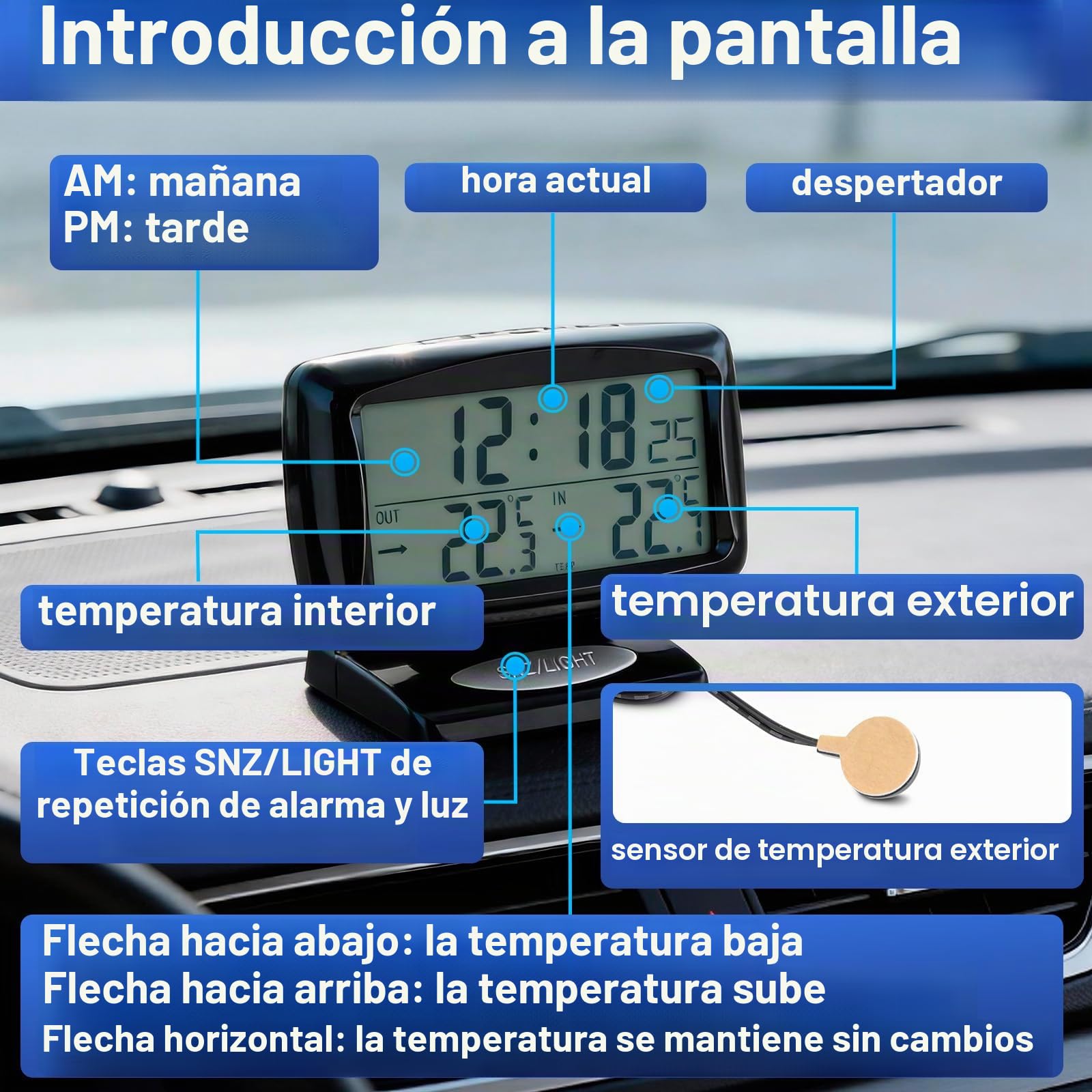 Riloer Reloj temperatura coche, Termómetro de medición de temperatura dentro y fuera del coche, retroiluminación LCD azul con pantalla digital y termómetro, Reloj de 12/24 horas ajustable