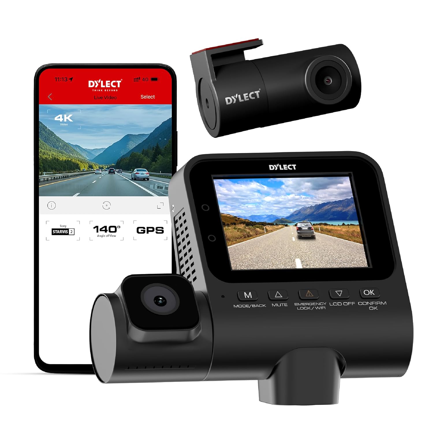 Product image of Dylect® Sense 4K Ultra 3 Channel Dash Cam with Sony STARVIS 2, 4K Front + 1080p Rear + Cabin, GPS, Night Vision, Wi-Fi, 140° Wide Angle, Loop Recording, 2.4” IPS, Supports 1TB