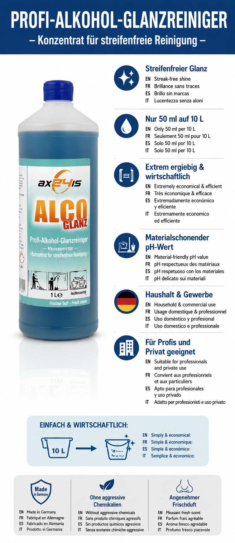 Alkoholreiniger 5l Konzentrat - Glanzreiniger für Glas & Marmor