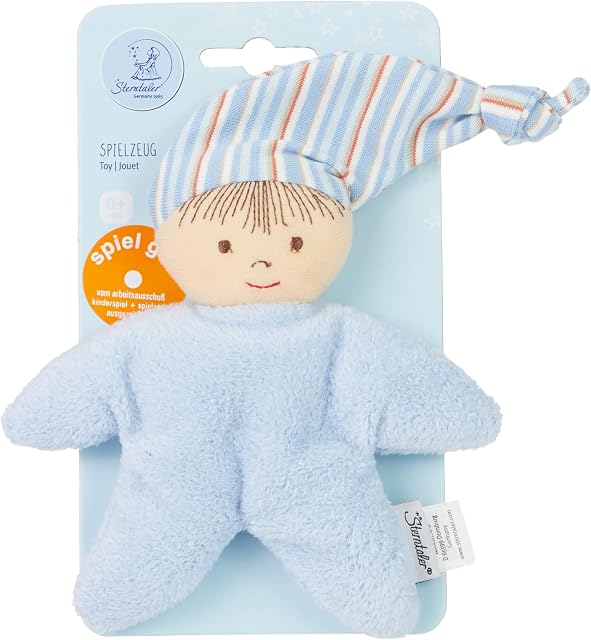 Sterntaler 3001450 Soft Doll, Integrated Rattle, Age: for Babies from Birth, 16 cm, Blue