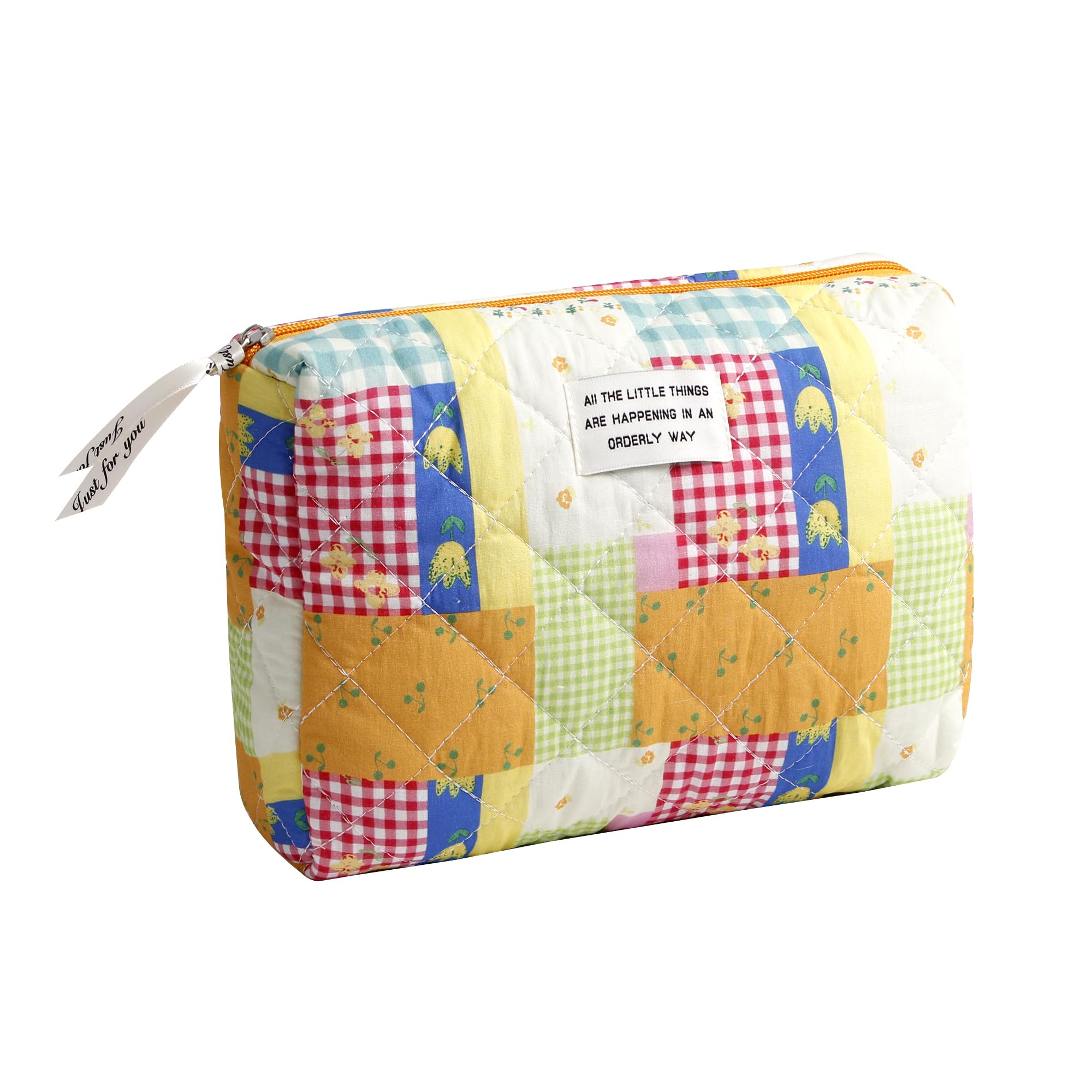 Dalulu Cute Makeup Bag Large Cosmetic Bag Aesthetic Floral Makeup Pouch Travel Toiletry Bags Make up Case Organizer for Women Girls Kawaii Stuff (Beige - Flowers), Orange - Color match, Kawaii Floral