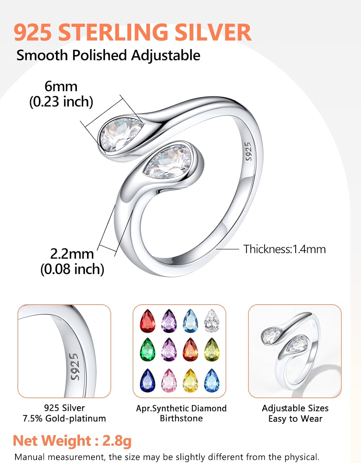 Silvora 925 Sterling Silver Adjustable Ring Wrap Birthstones Open Rings for Women Ring with 2 Pear Shaped Gemstone, Birthstone Ring for Mother