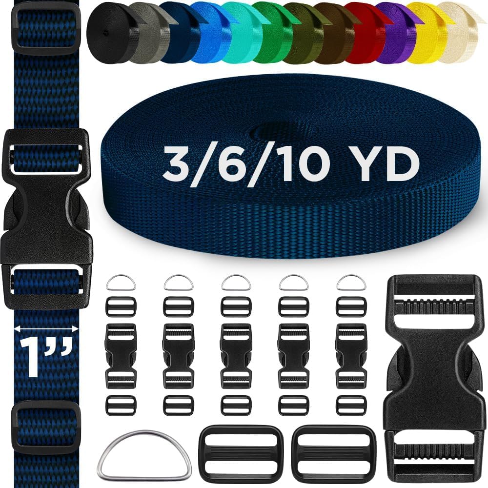 TECEUM Buckles & Strap Kit – 1" Navy Blue Nylon Webbing 6 (yd) – 6 Heavy Duty Adjustable Plastic Buckles – 12 Tri-Glide Slide Clips – 6 Metal D-Ring –