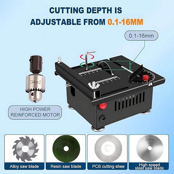 Mini Table Saw, Multi-Functional Desktop Electric Liftable Saw with 7 Speed Adjustment & 0.1-16mm Cutting Depth Adjustable, for DIY Handmade Wooden Model Crafts Cutting Sanding Drilling
