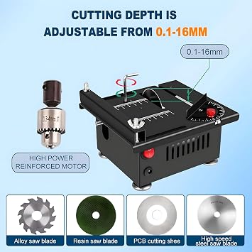 Mini Table Saw, Multi-Functional Desktop Electric Liftable Saw with 7 Speed Adjustment & 0.1-16mm Cutting Depth Adjustable, for DIY Handmade Wooden Model Crafts Cutting Sanding Drilling