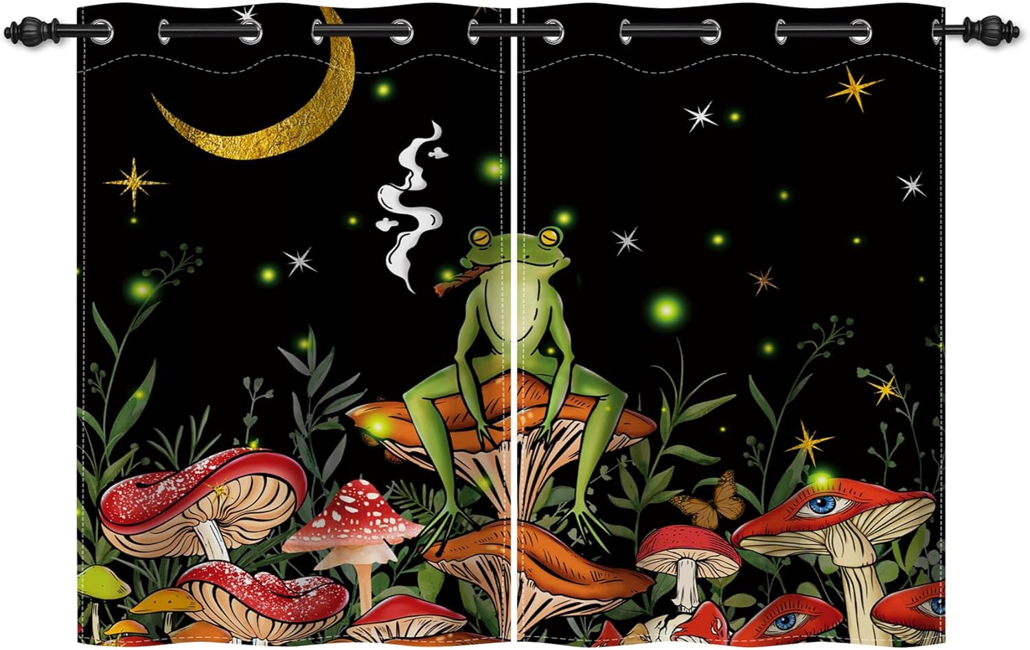 Renaiss Mushroom Decorative Curtains Funny Frog Blackout Window Drapes Fantasy Moon Night Fungi Skull Botanical Grommet Window Treatments for Kitchen Bedroom Living Room Dorm 42x63 Inches x 2 Panels