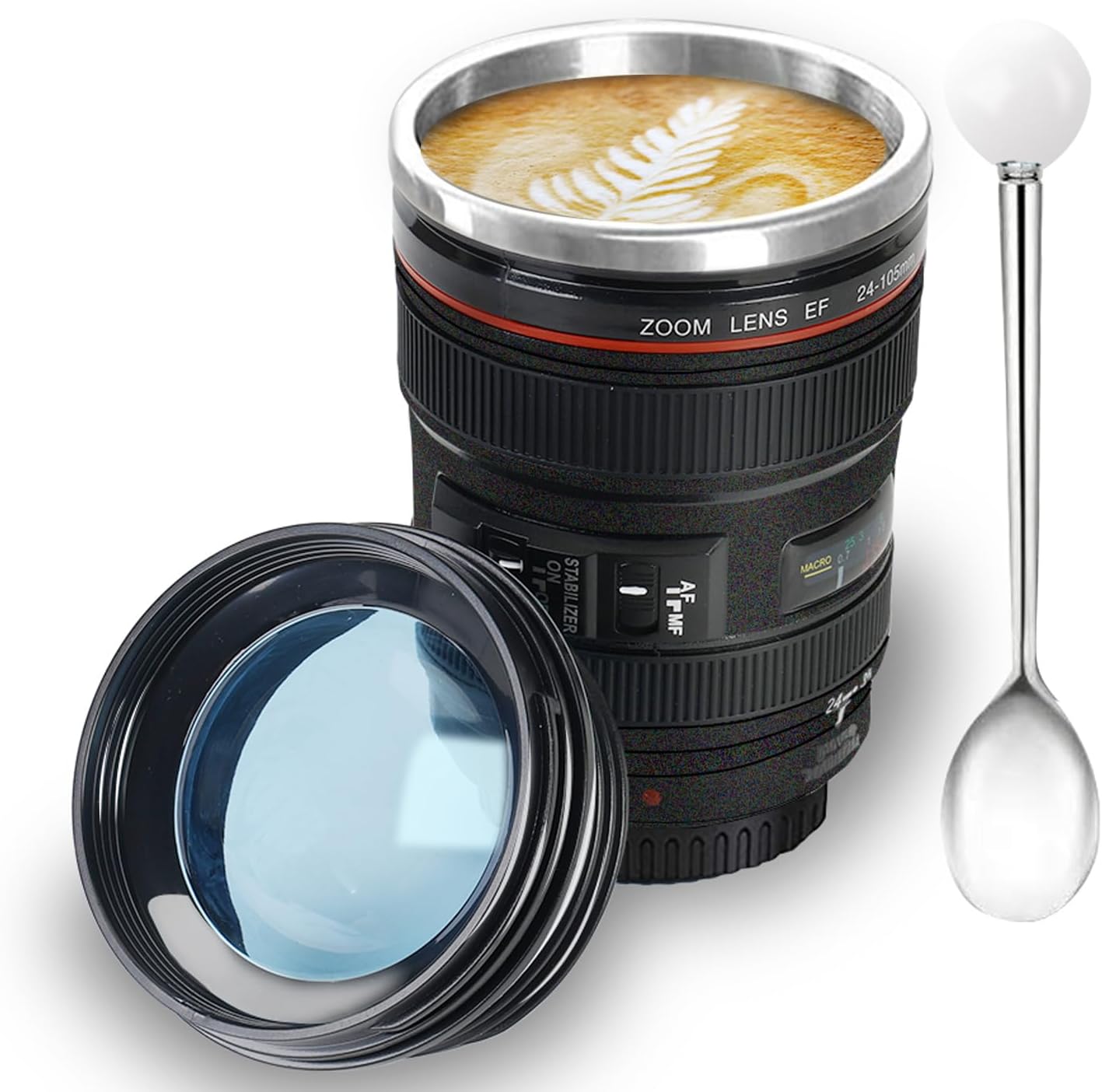 Coffee Mug, Camera Lens Travel Thermos, Stainless Steel Insulated Cup with Easy Clean Lid, Great for Photography Lovers & Travelers - 12oz Black