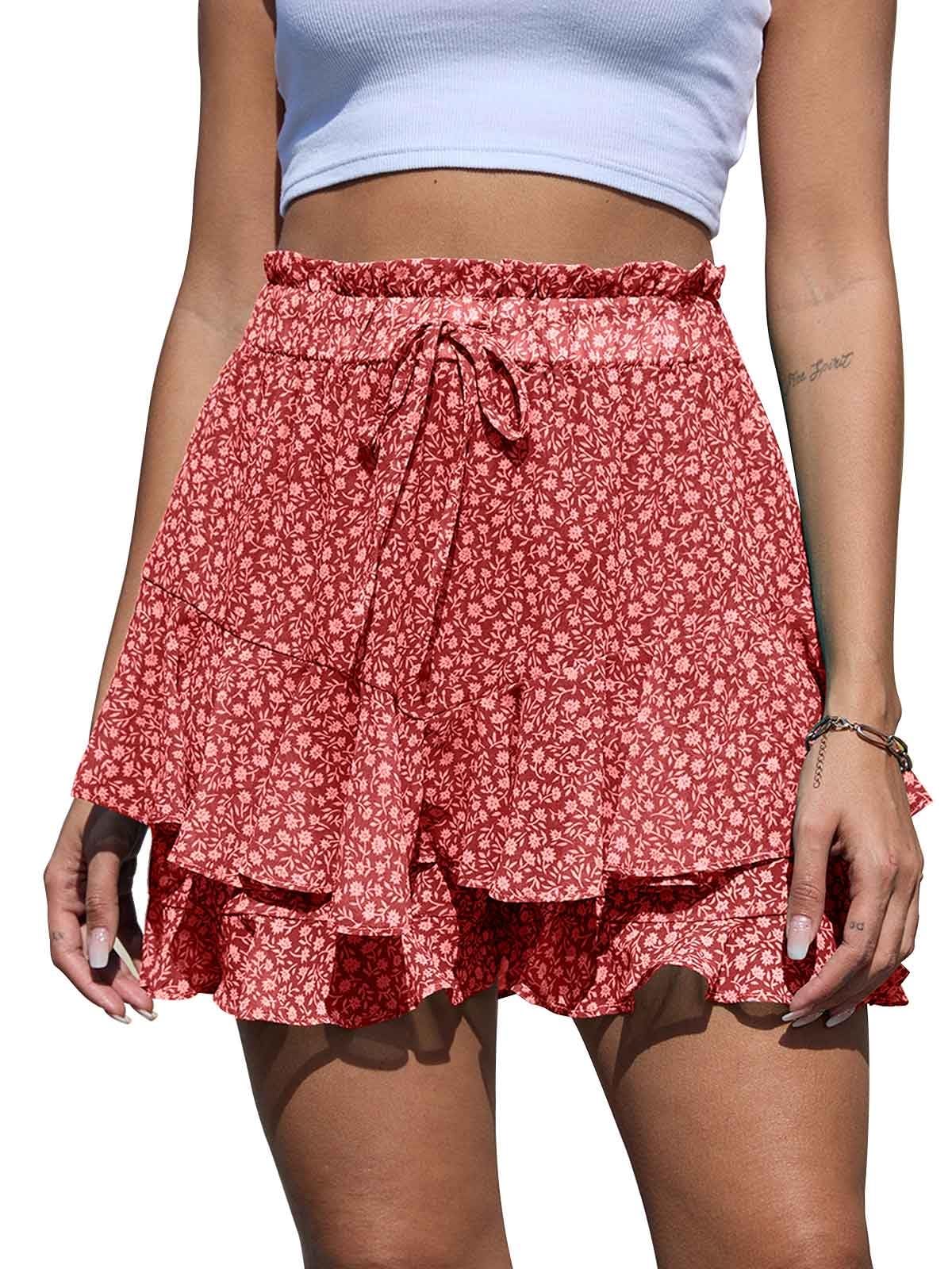 Yutdeng Pantaloncini Donna Eleganti Corti Estivi da Donna con Stampa Floreale Moda Shorts Pantaloncini Casual Leggeri Boho Gonna Elastico in Vita Gamba Larga con Orlo a Volant