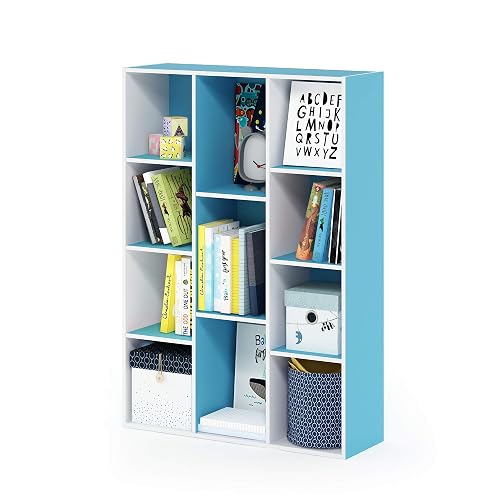 Furinno LUDER Book Shelf, 11-Cube Bookshelf, Reversible Bookcase, 9.4 x 29.1 x 41.7, Easy Assembly, for Living Room, Bedroom, Home Office, White/Light Blue - White/Light Blue - 11-Cube