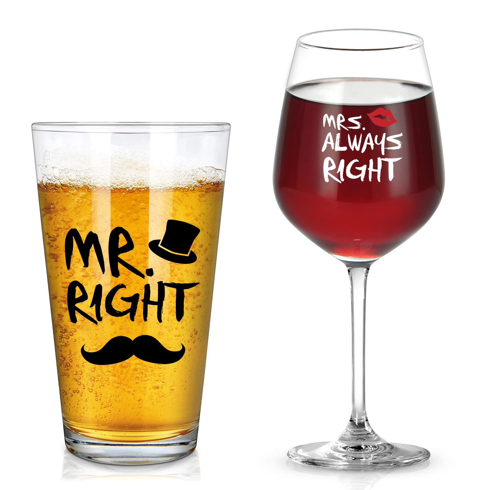 Mr. Right and Mrs. Always Right Wine Glass and Beer Glass Novelty Combo, Wedding Gift Engagement Gift Birthday Gift Valentine’s Day Gift for Mr Mrs Husband Wife Groom Bride Newlywed Couple
