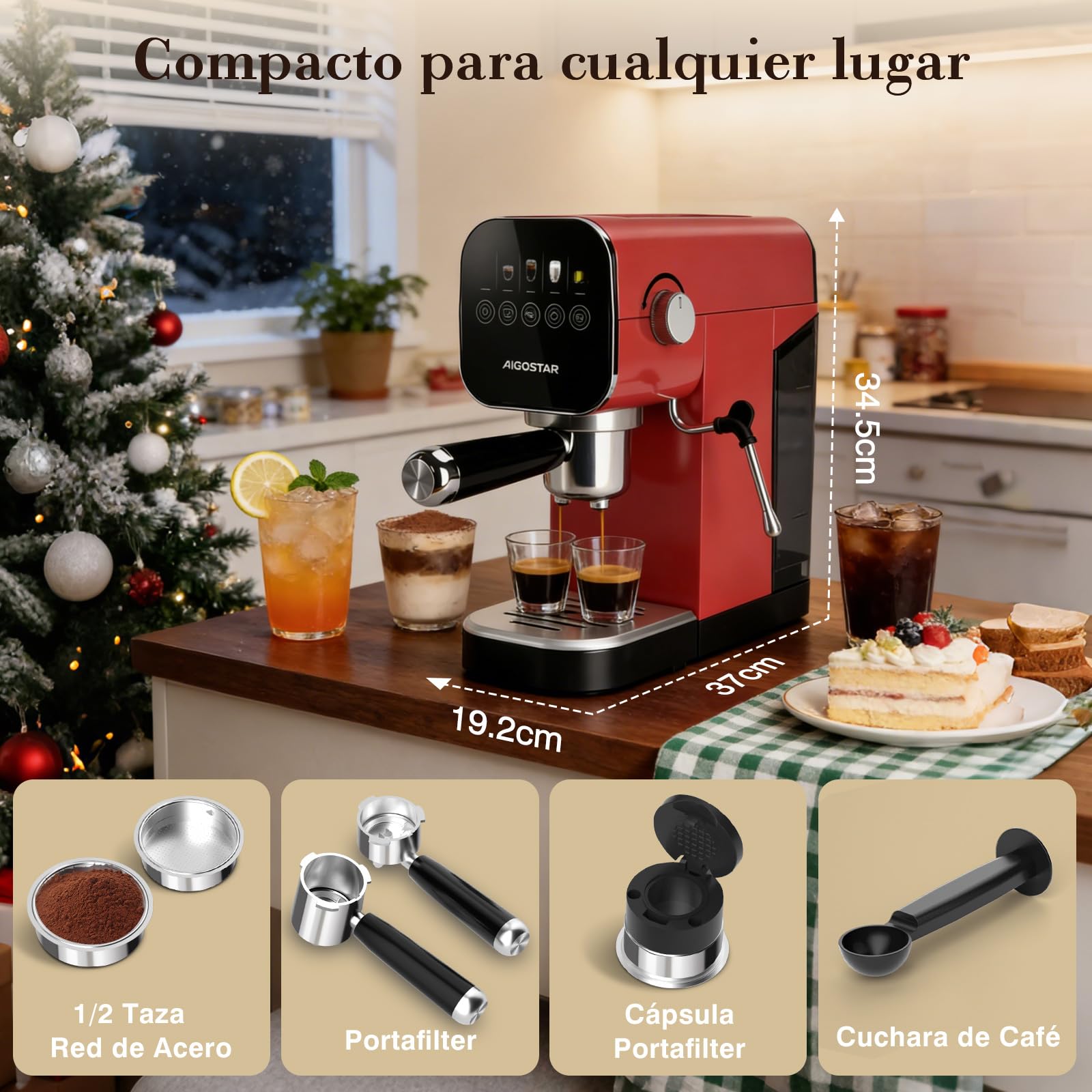 Aigostar Cafetera Espresso 20 Bares para Cápsulas y Café Molido Inox, Rojo | Panel táctil, espumador de leche, 1 o 2 tazas, depósito de 0,9 L, 1350 W, ideal para espresso, capuccino y latte
