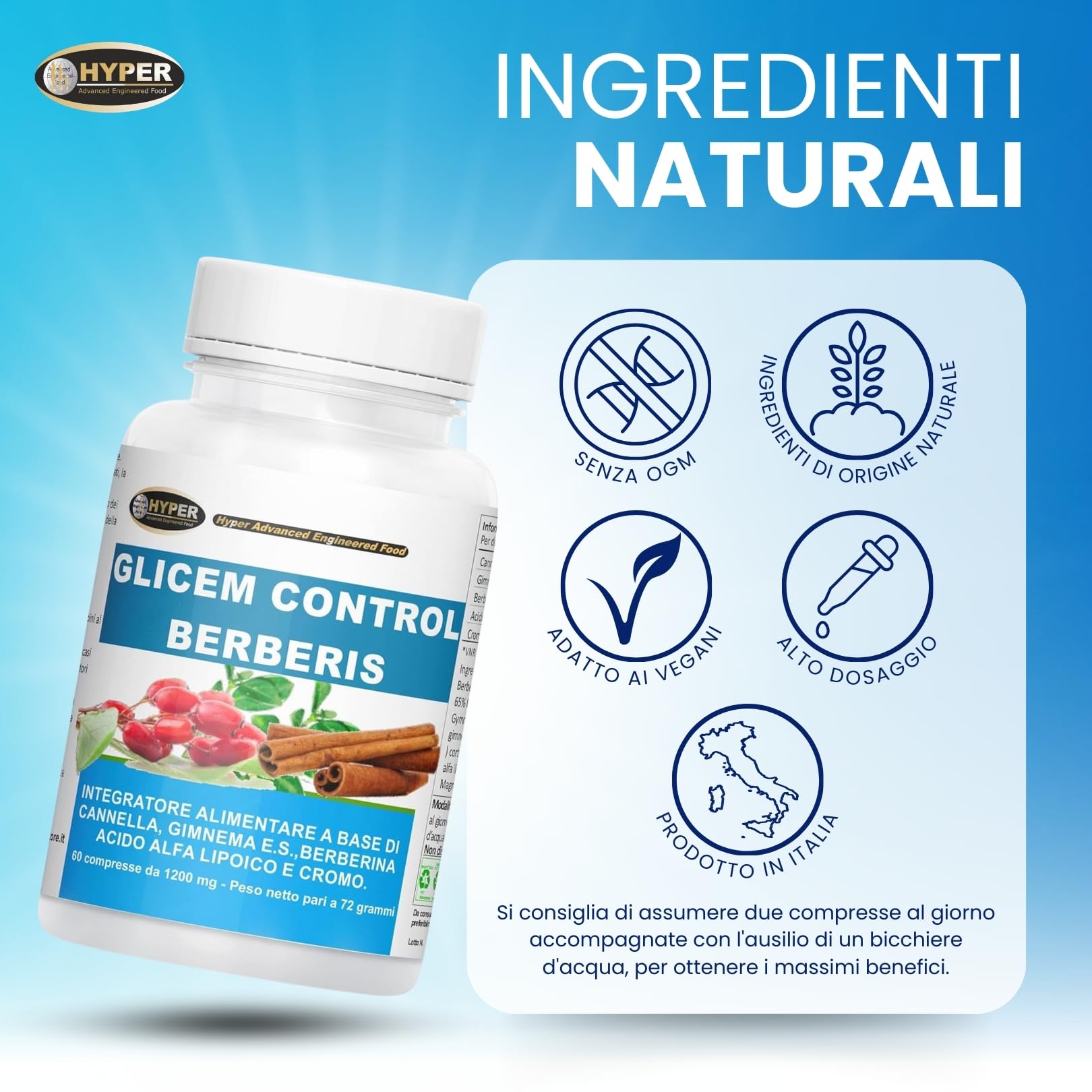 GLICEM CONTROL BERBERIS 300 Compresse Berberina Cannella Gymnema Acido Alfa Lipoico Cromo Livello di Glicemia Metabolismo