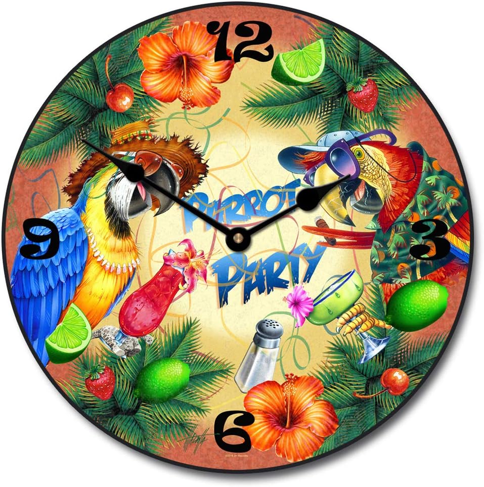 Parrot Party Wall Clock | Ultra Quiet Quartz Mechanism | Hand Made in USA Beautiful Crisp Lasting Color | Comes in 8 Sizes | 12-Inch