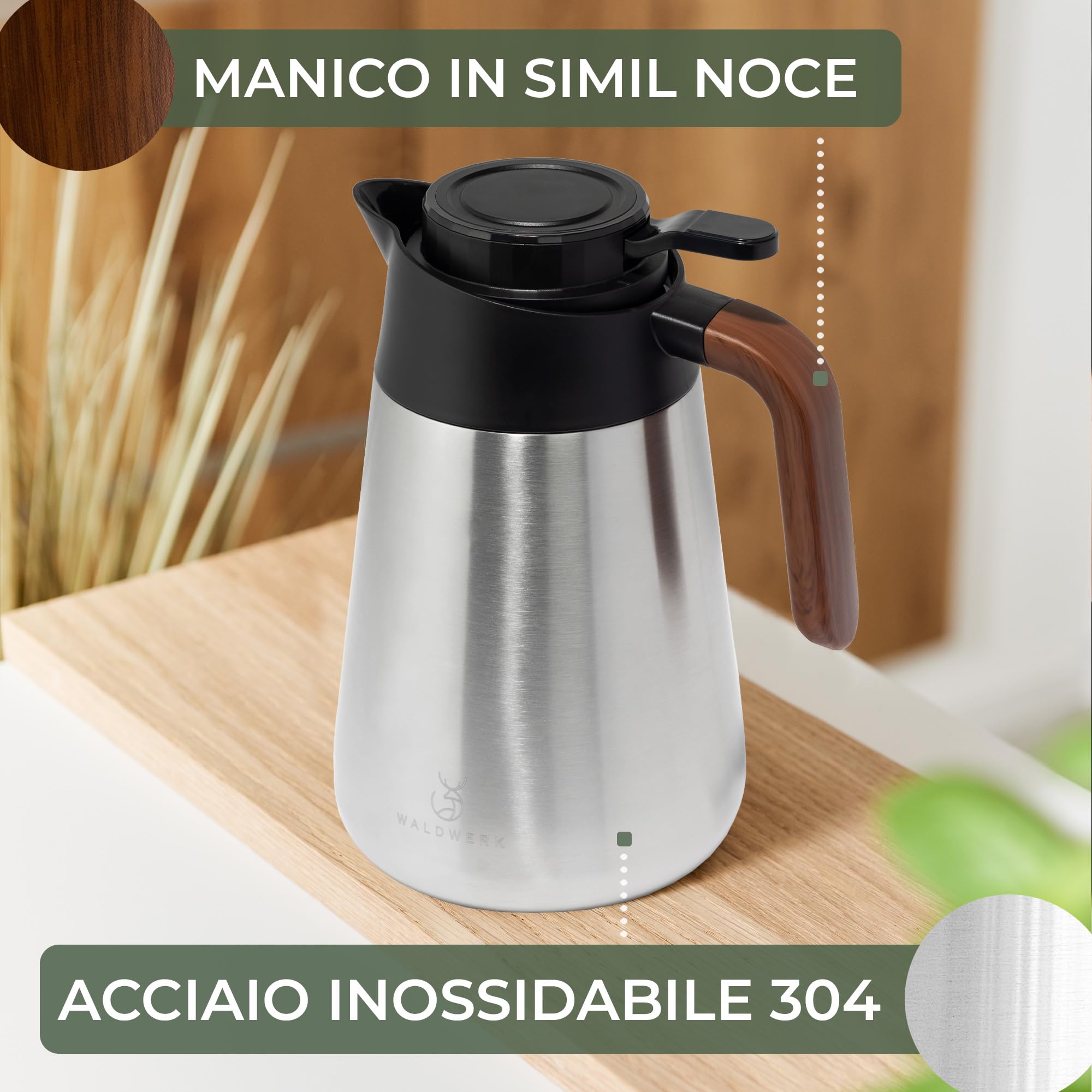 WALDWERK Caraffa Termica (1,5L) – Thermos Caffè in acciaio inox 304 a doppia parete – Brocca Isolante con beccuccio antigoccia – Bottiglia Termica per Caffè