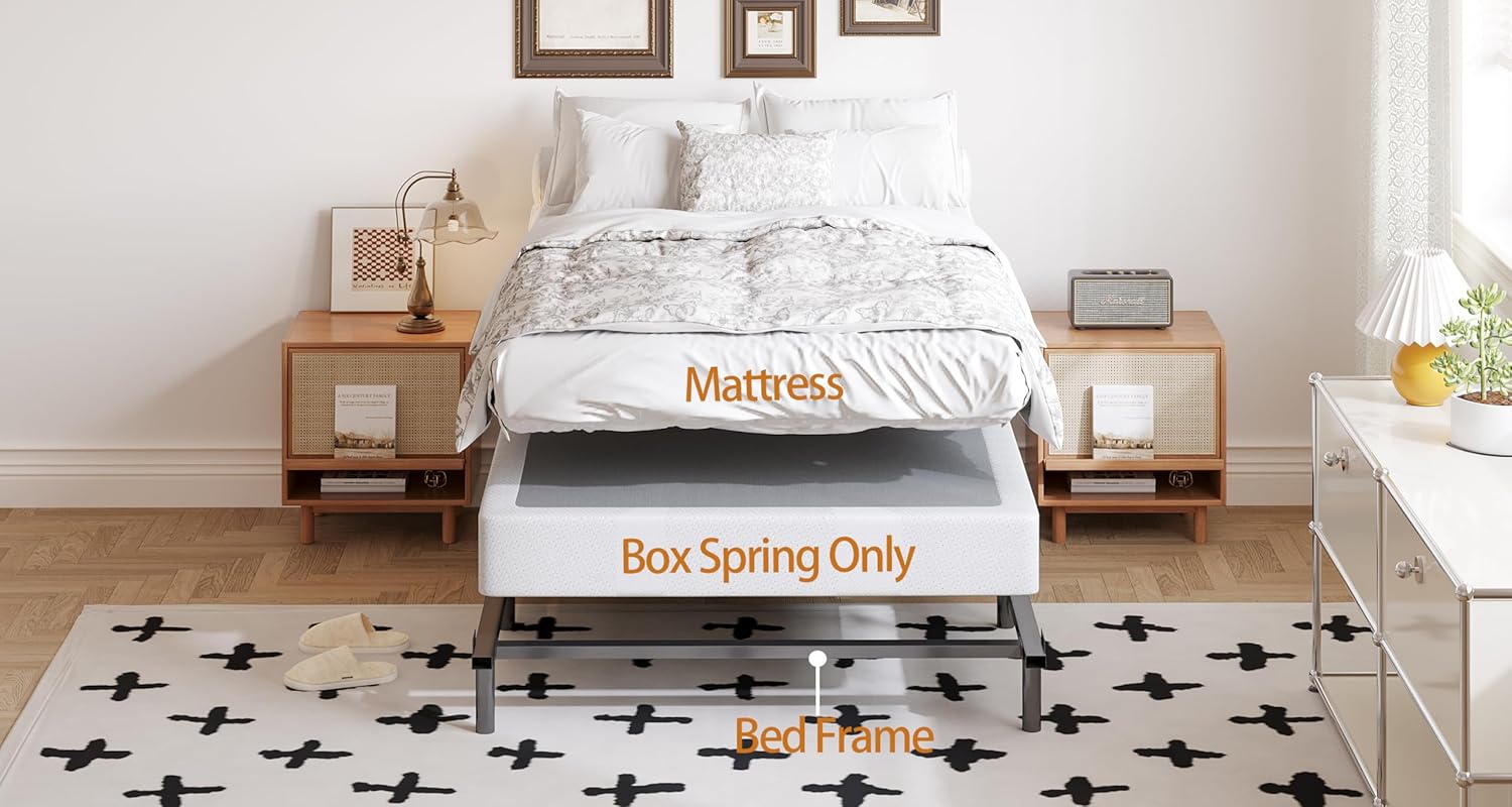 Box Spring Queen 5 inch Low Profile Profile Heavy Duty Metal Mattress Foundation Max Weight Capacity Strong Steel Structure Quiet Simple Assembly No Noise Easy to Clean Box Spring Only