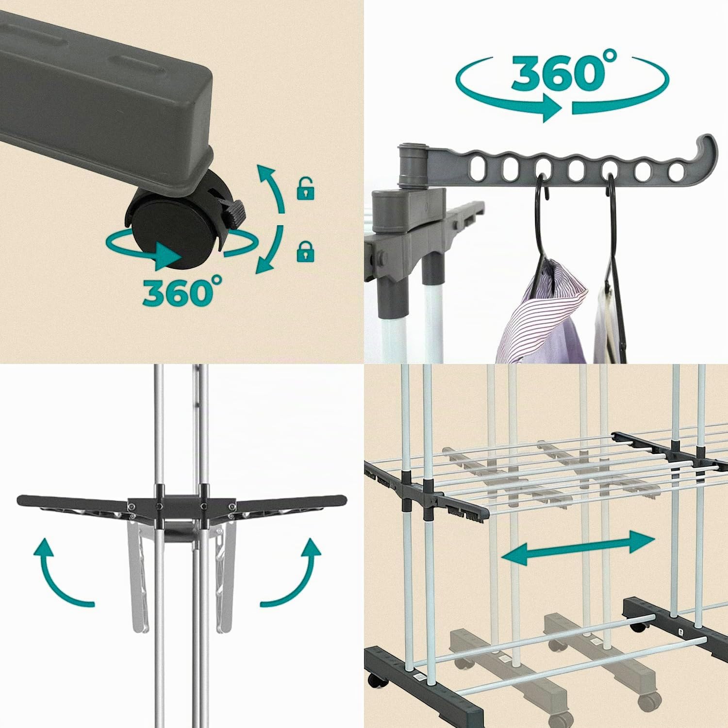 Karol™ Séchoir à Linge Pliable 40 m – Étendoir Vertical 3 Niveaux Grande Capacité – Tour de Séchage avec roulettes, Ailes pour Cintres et Supports Rabattables – Intérieur & Extérieur