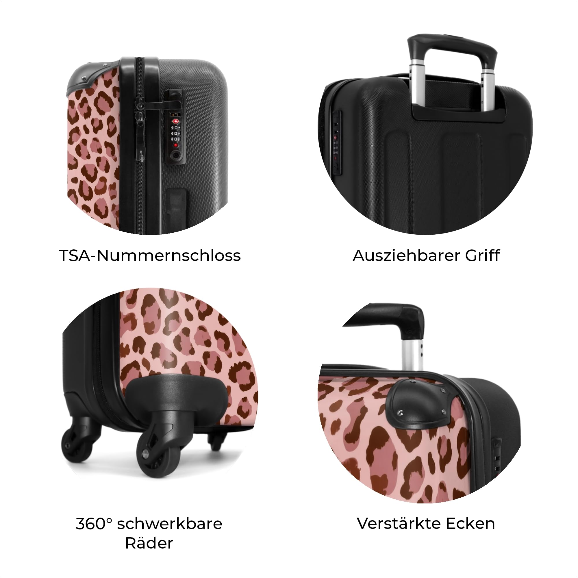 NoBoringSuitcases.com® Koffer Mittelgroß 67x43x25 cm Hartschalenkoffer L Trolley Rollkoffer 4 Rollen Leicht Hartschale Mittel Groß Leopard - Muster - Rosa