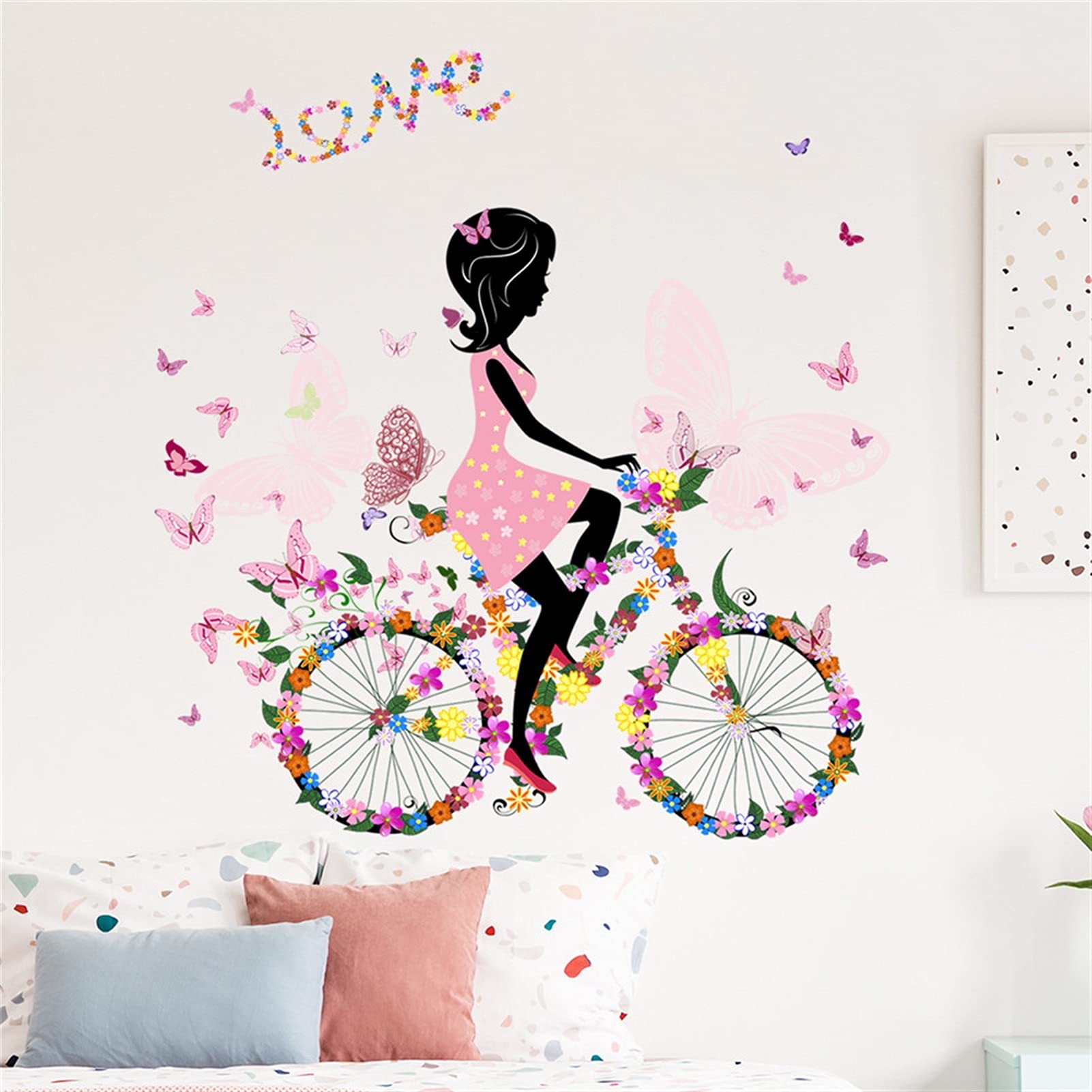 Adesivi ​Murali Ragazza che guida un autoadesivo da muro della bicicletta for le ragazze della camera da letto della camera da letto decorazione della camera da parati della carta da parati rosa del c