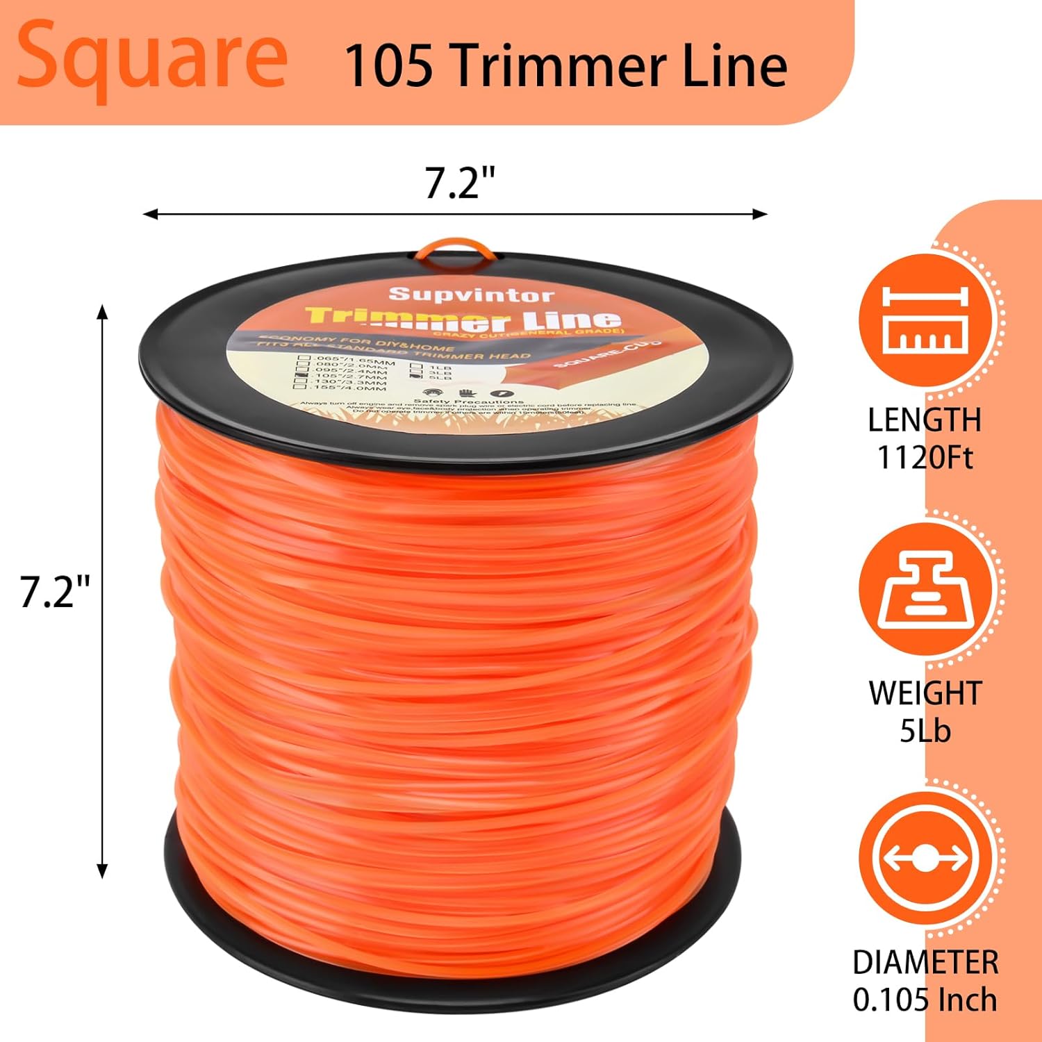 105 Trimmer Line, String Trimmer Line .105, Weed Eater String .105, 105 String Trimmer Line, 105 Weed Eater String Heavy Duty 0.105 Inch-1120Ft-5Lb Fits Most String Trimmer (Square), Orange