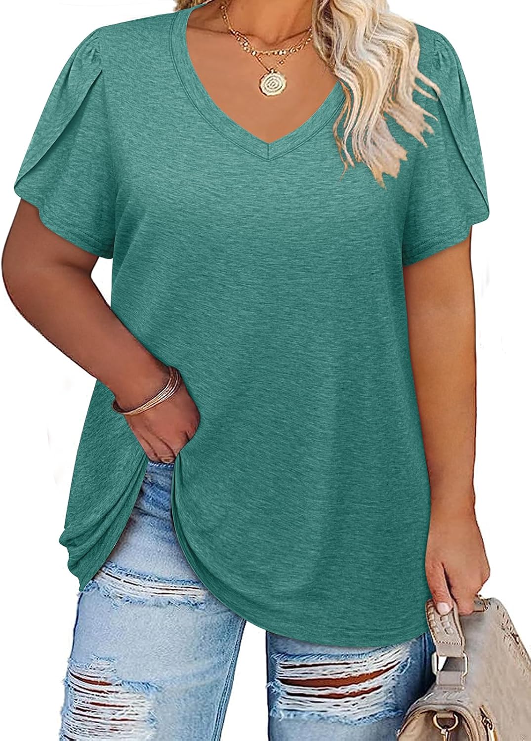 Amrto Womens Plus Size Tops V Neck Petal Short Sleeve Tunic Blouses Summer Loose Casual Shirts XL-5XL