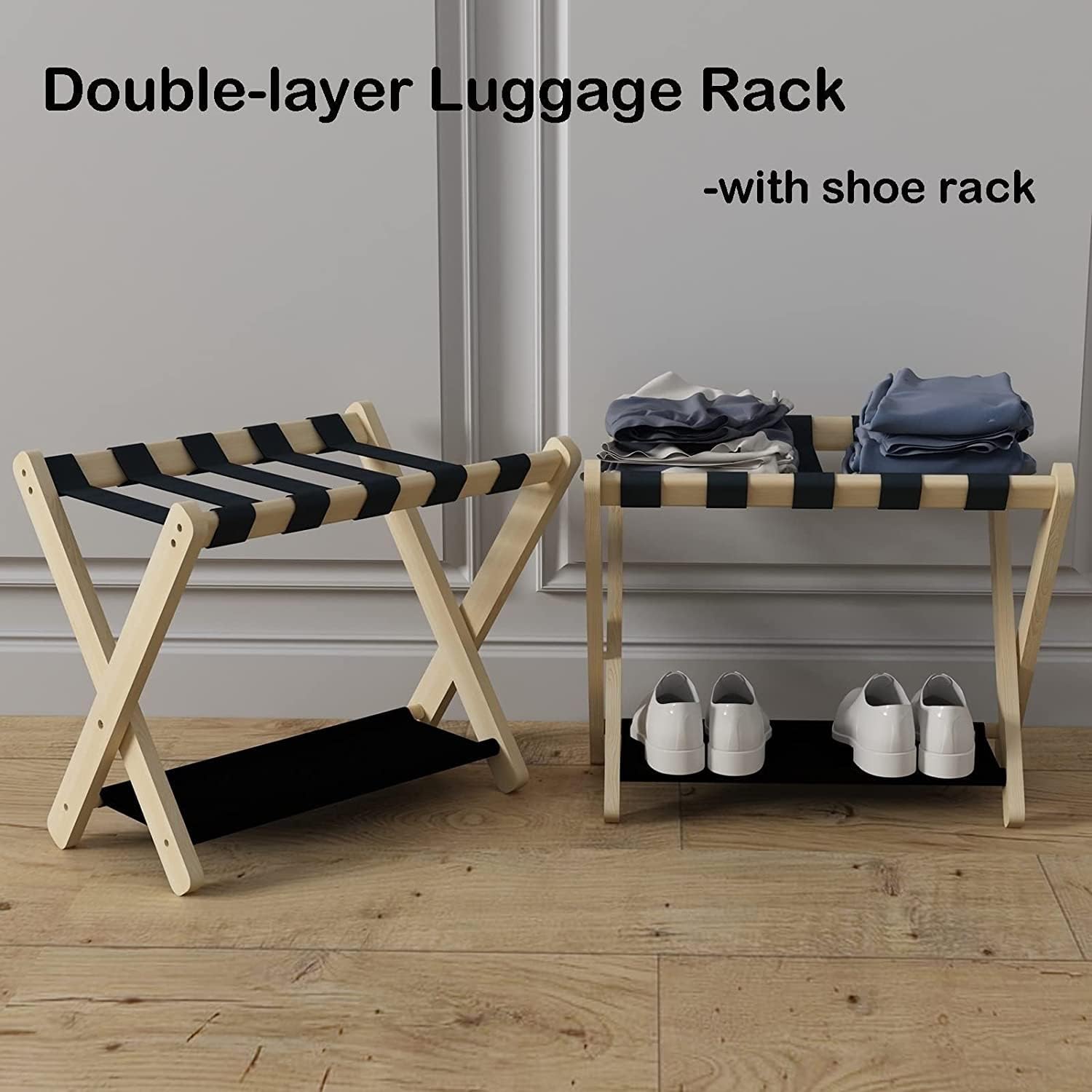 Luggage Rack 4 Pcs Folding Suitcase Rack - Solid Wood Hotel Luggage Rack, Travel Organizer with Shoe Shelf, 2 Layers Suitcase Stand for Guest Room, 27.6×17×19.7,Black