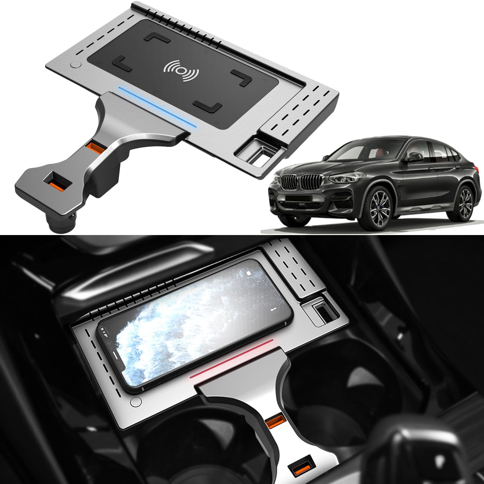 2024 Wersja Bezprzewodowa ładowarka Samochodowa do BMW X3/X4 2018 2019 2020 2021 2022 2023,ładowanie Bezprzewodowe 15 W + USB*2,Bezprzewodowa ładowarka Samochodowa do Samsunga i iPhone'a