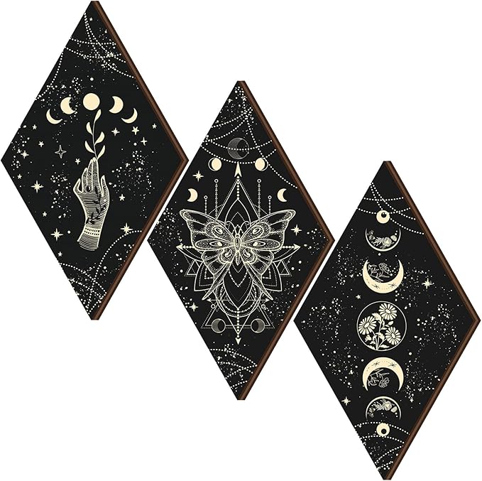 Ferraycle 3 Pcs Rustic Boho Wall Decor Moon Phases Butterfly Wall Art Stars Moon Decor Minimalist Room Decoration Wooden Gothic Witchy Pediments Hanging Sign for Home(6.7 x 11.8 Inch,Black, Gold)