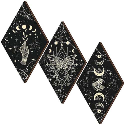 Ferraycle 3 Pcs Rustic Boho Wall Decor Moon Phases Butterfly Wall Art Stars Moon Decor Minimalist Room Decoration Wooden Gothic Witchy Pediments Hanging Sign for Home(6.7 x 11.8 Inch,Black, Gold) - Black, Gold - 6.7 x 11.8 Inch