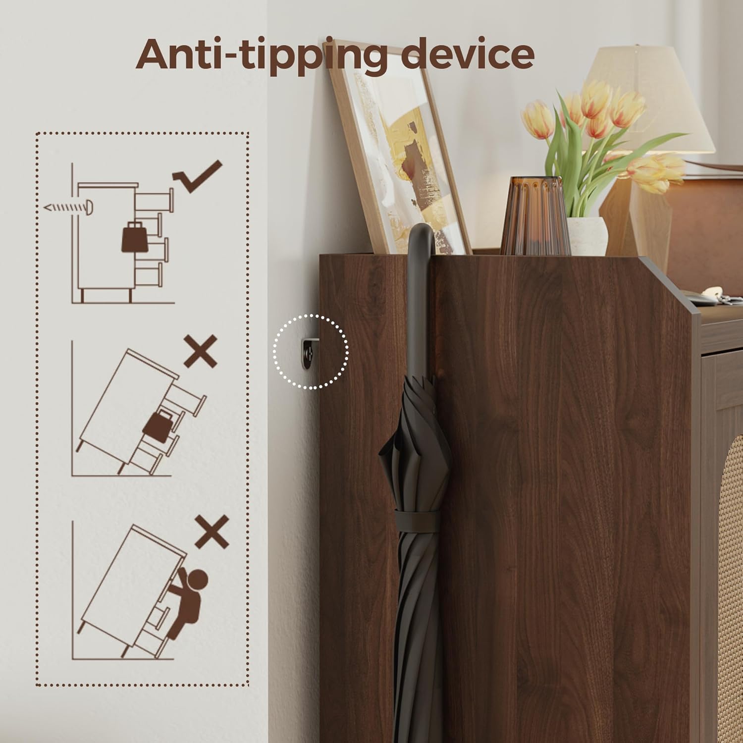 Mericonia Rattan Shoe Storage Cabinet, Farmhouse Shoe Cabinets Storage for Entryway, Boho Wooden Shoe Rack with 3 Doors for Entryway, Hallway (Walnut, 3 Door)