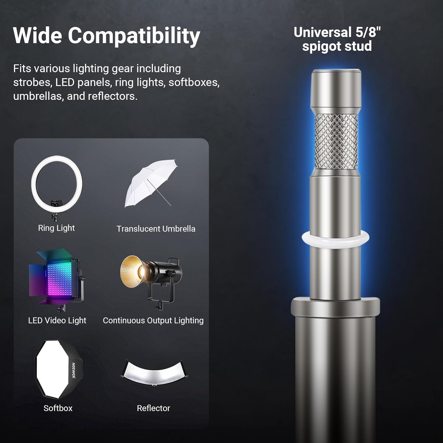 NEEWER Basics 4.3-10ft Photography Light Stand with Casters, 100% Stainless Steel Heavy Duty Tripod Stand for Strobe LED Video Ring Light Monolight Softbox Reflector, 66lb Max Load, SC305B