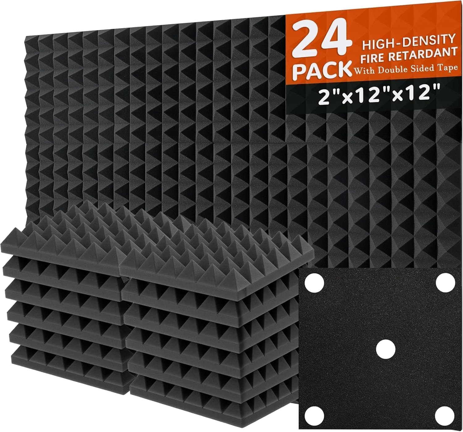 Paneles de espuma acústica autoadhesivos, paquete de 24, 2 x 12 x 12 pulgadas, paneles de absorción de sonido, pirámide, aislamiento acústico para el hogar, estudio, oficina, tratamientos