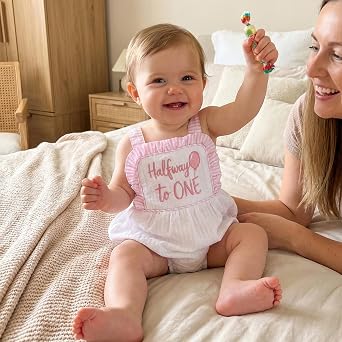 Honganda Baby Girls Half Birthday Outfit Half Way to One 1/2 Birthday Bubble Romper 6 Month Old Baby Girl Sleeveless Overalls
