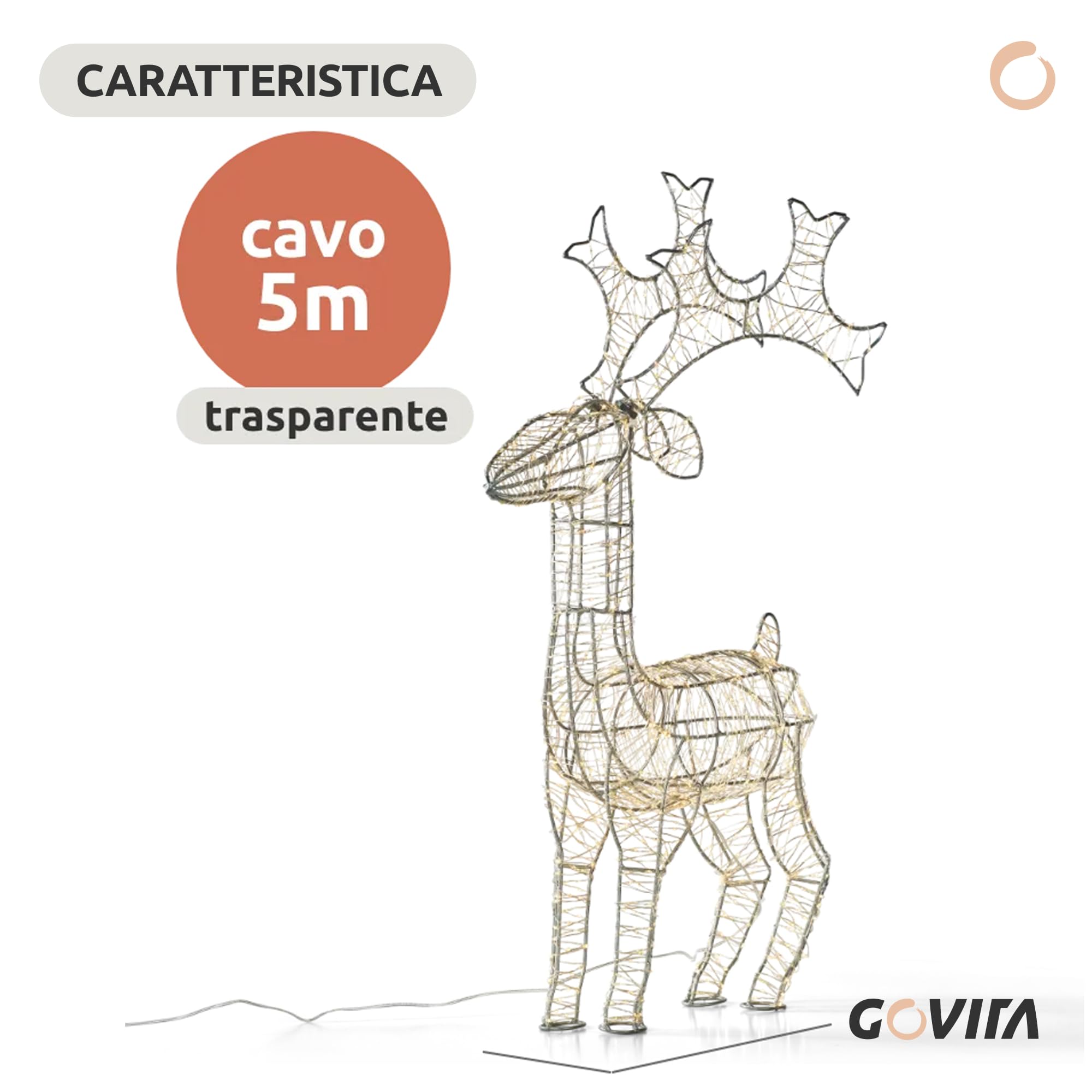 GOVITA Renna Natalizia Luminosa 3D con MicroLED, Struttura in Acciaio Zincato, Impermeabile per Esterno/Interno, Luce Bianco Caldo, Addobbo Natale per Giardino e Casa, Modello Senza Slitta