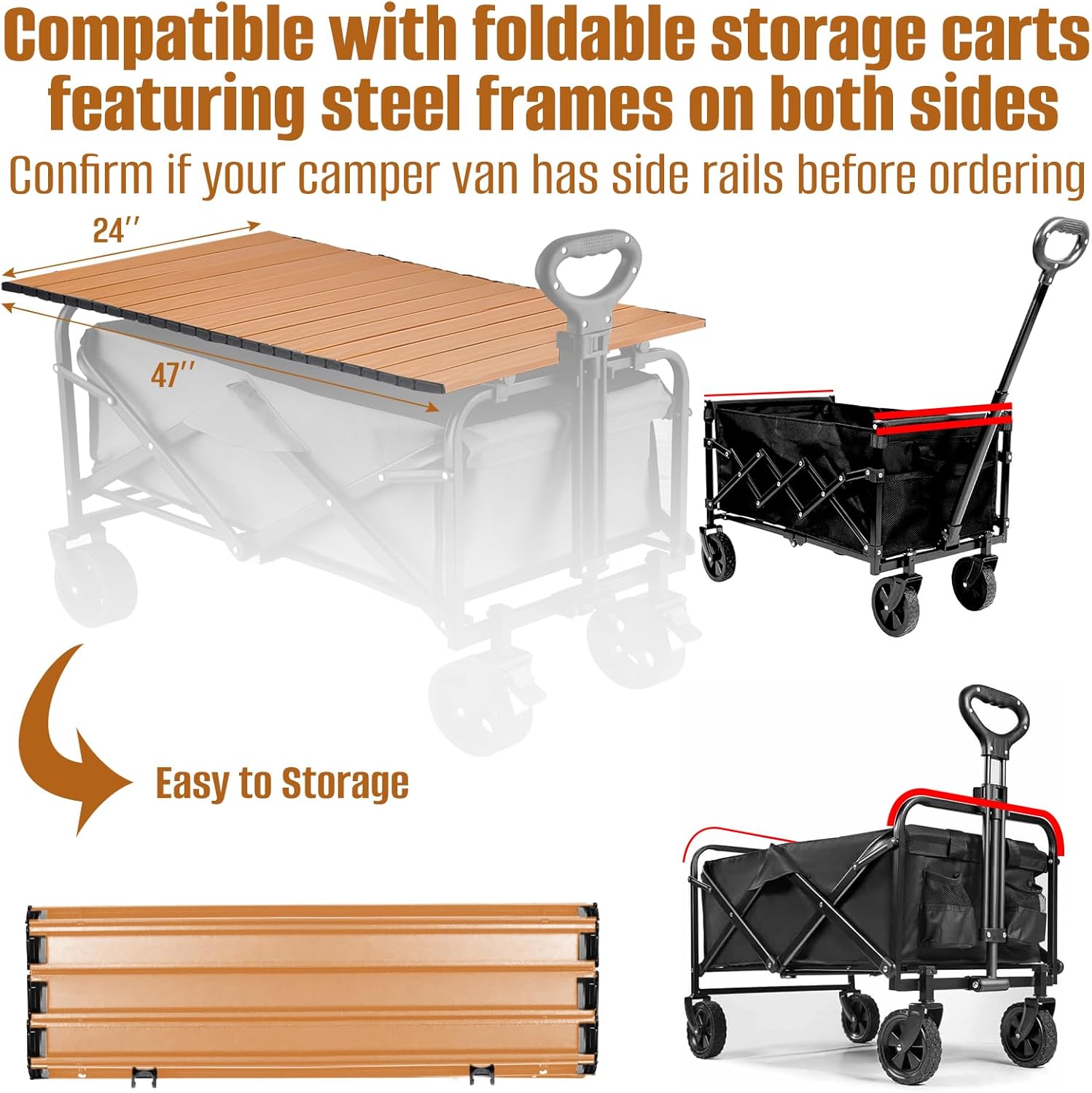 metal tabletop board for wagons cart,foldable table 47"×24" heavy duty for wagon,alloy board with load capacity 68lbs,camping essential and gear for outdoor party with family and friends(woody) woody 47"x24"