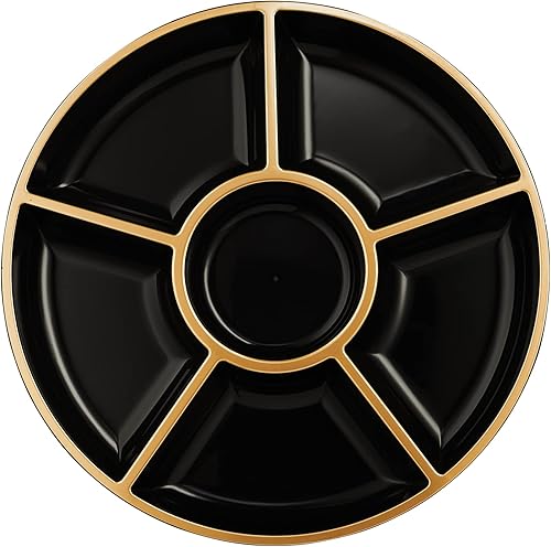 Miniatura 7 de Plasticpro 6 bandejas seccionales redondas de plástico para servir, color negro y dorado, paquete de 2