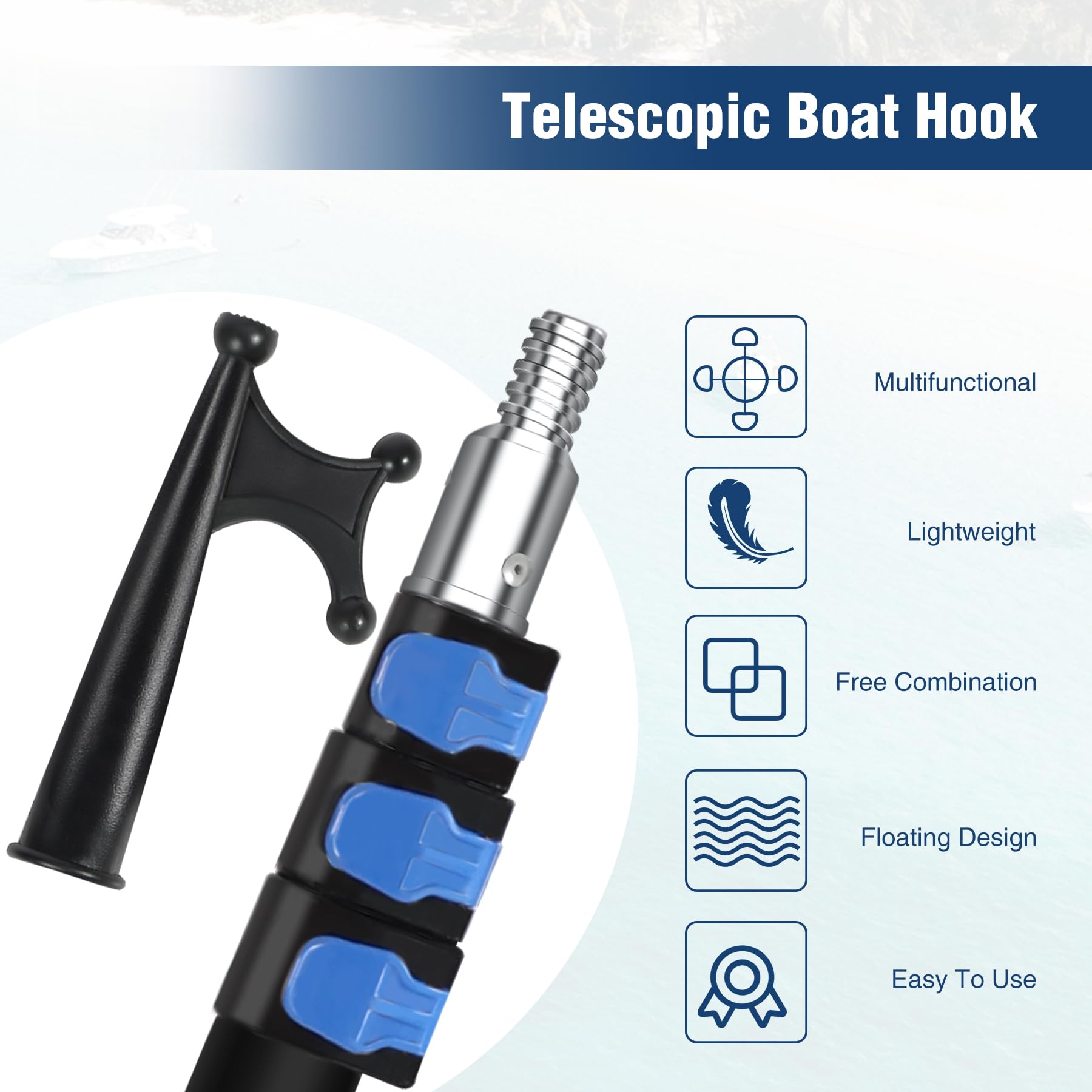 REDCAMP Gancio telescopico per docking, in alluminio, allungabile, multiuso, leggero, galleggiante, accessorio per barca, colore: nero
