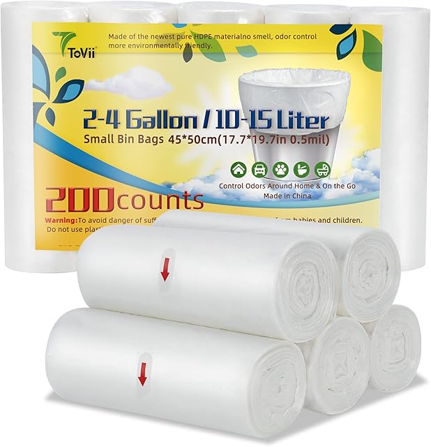 ToVii Small Bin Bags 10L Bin Liners,200 Bags Small Pedal Bin Liners,Thicken Leakproof Plastic Bags for Bathroom Office,Kitchen ,Fit UK 10-15 Liter,Clear(50x55cm)