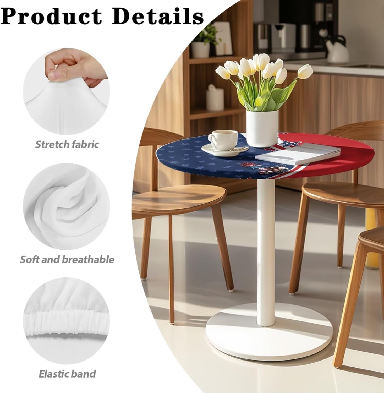 American Flag Cocktail Table Cover Set of 4 Round Table Topper Cap Patriotic Red White and Blue Cocktail Tablecloth with Elastic Edge Independence Day Decor, Eagle US Flag