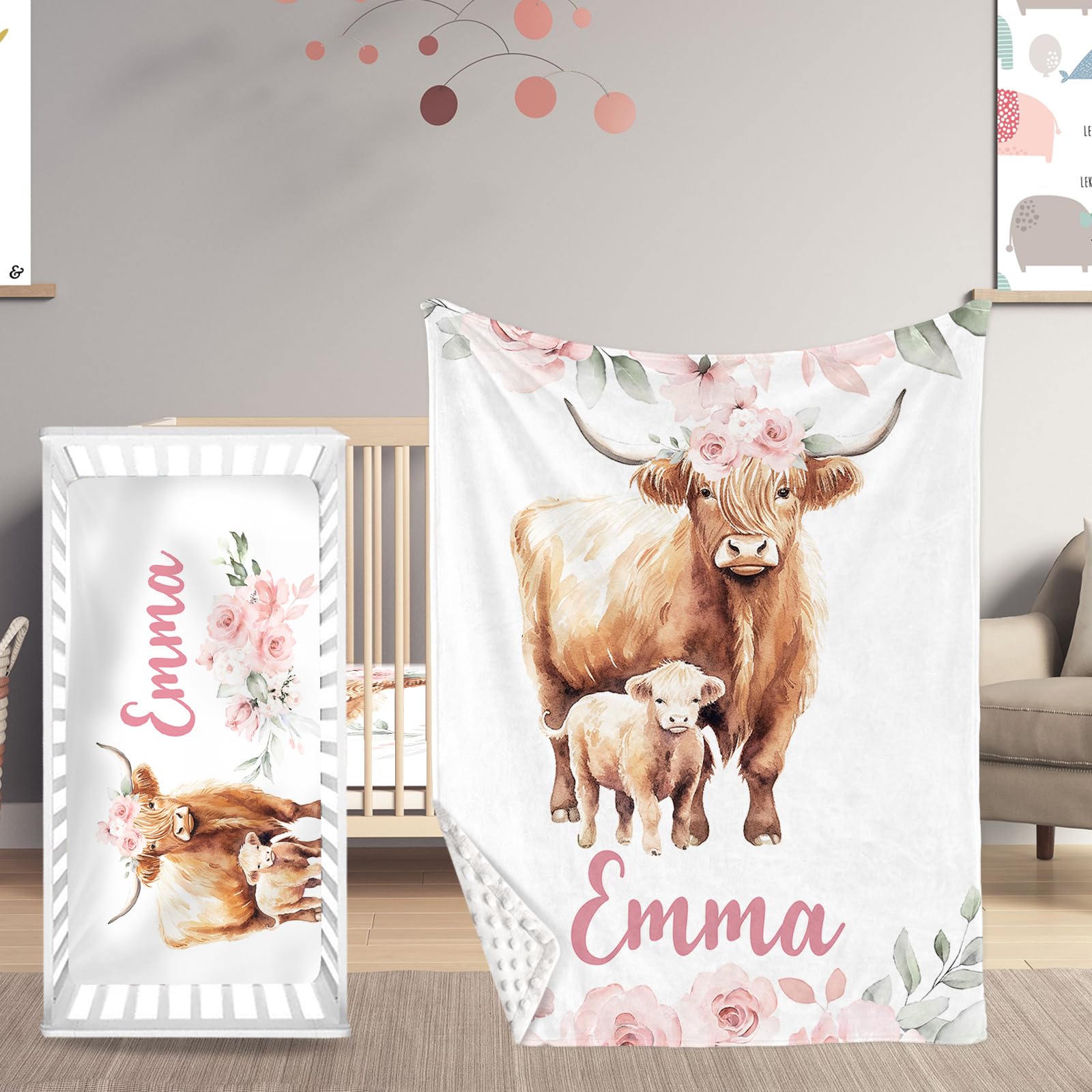 HSHRYY Custom Baby Crib Bedding Set with Name - Personalized 2 Piece Baby Bedding Set - Highland Cow Design - Soft Blanket with Dotted Backing and Fitted Sheet - A Wonderful Gift