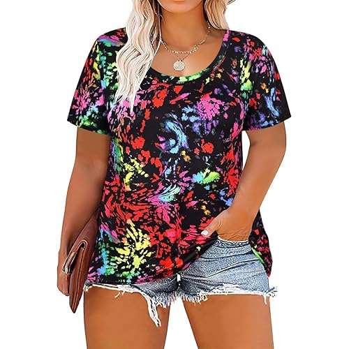 CARCOS Plus Size Tops for Women Short Sleeve Shirt Summer Star/Leopard/Tie Dye/Flower Crewneck Pullover Tunic XL-5XL