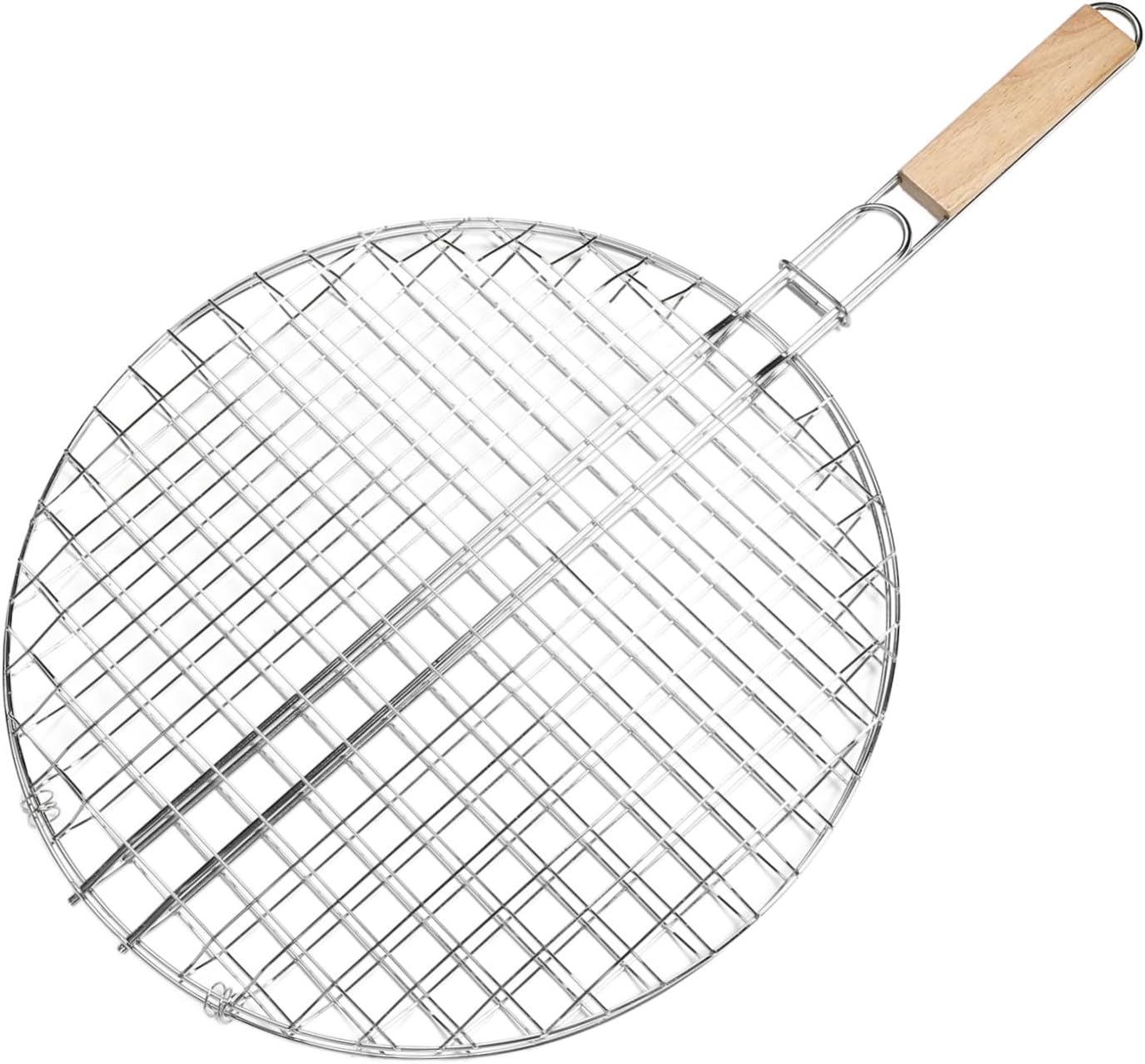 Mikikit Stainless Steel Round BBQ Grill Basket with Wood Handle for Outdoor Cooking Heavy-Duty Roasting Rack for Fish and Vegetables for Charcoal BBQ and Camping