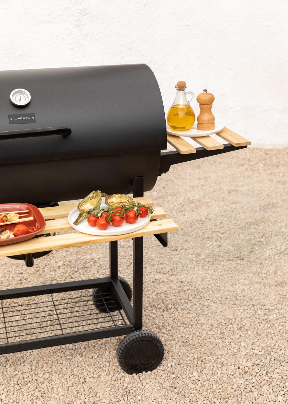 CREATE/BBQ SMOKEY/Barbacoa ahumadora de carbón con ruedas negro/De acero inoxidable, parrilla superior, control de temperatura, bandeja frontral y lateral, fácil de transportar