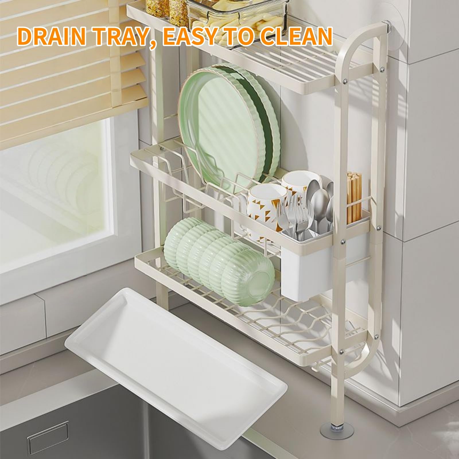 Escurridor de platos de 3 niveles sobre el fregadero con bandeja de goteo y soporte para cubiertos, organizador de cocina que ahorra espacio para platos, cuencos y tazas, elegante diseño negro para