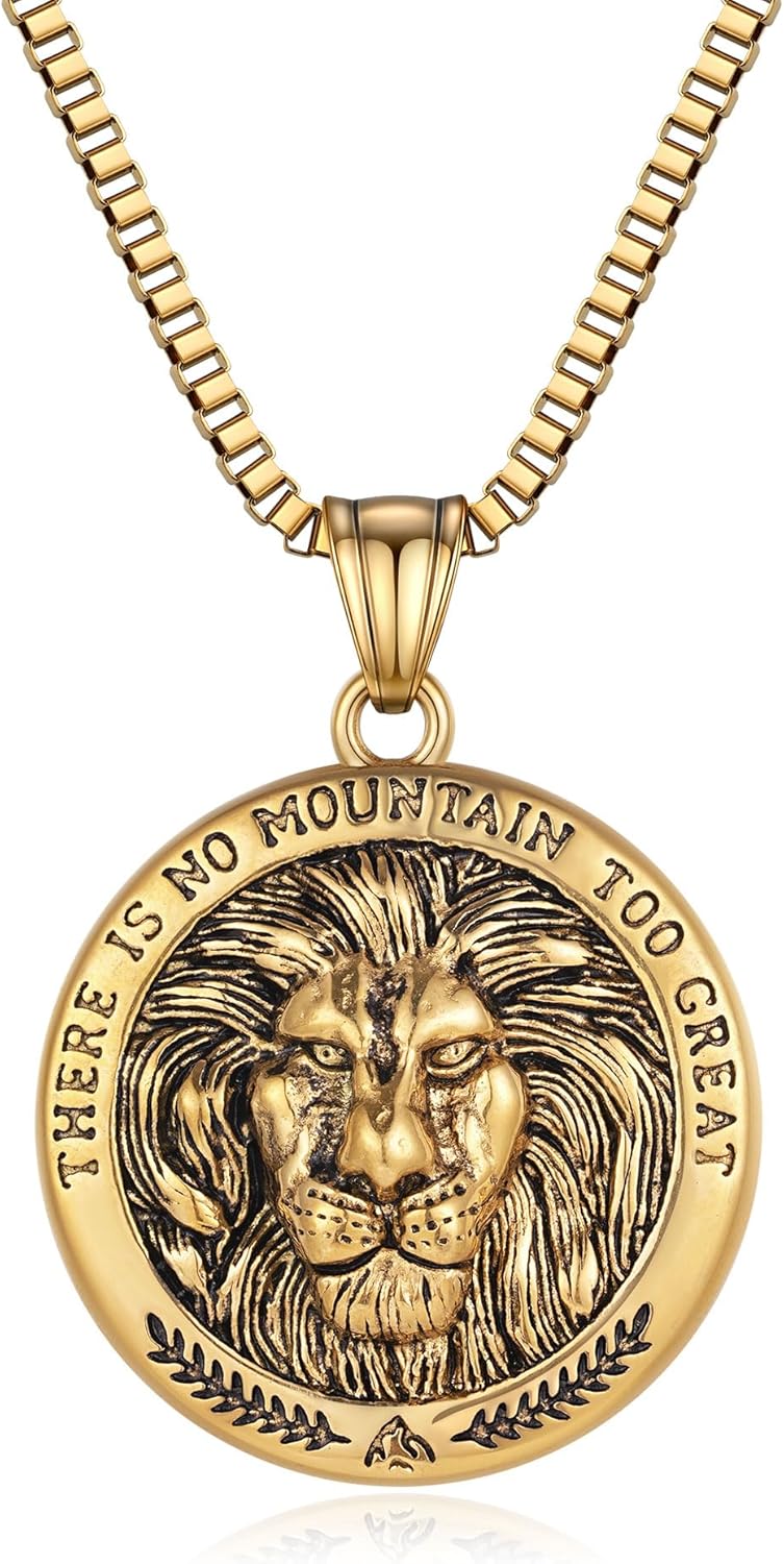 BREGO Carved Lion Head Coin Pendant Necklace | 24 inch Square Rolo Chain Box Chain Necklace