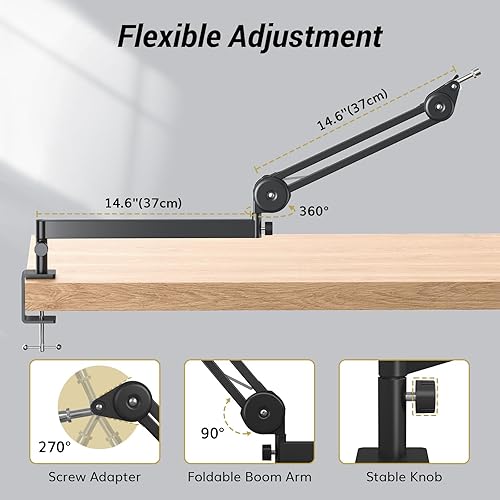Miniatura 5 de TONOR Brazo de micrófono, brazo de micrófono de perfil bajo, soporte de micrófono totalmente ajustable con abrazadera de montaje de escritorio,
