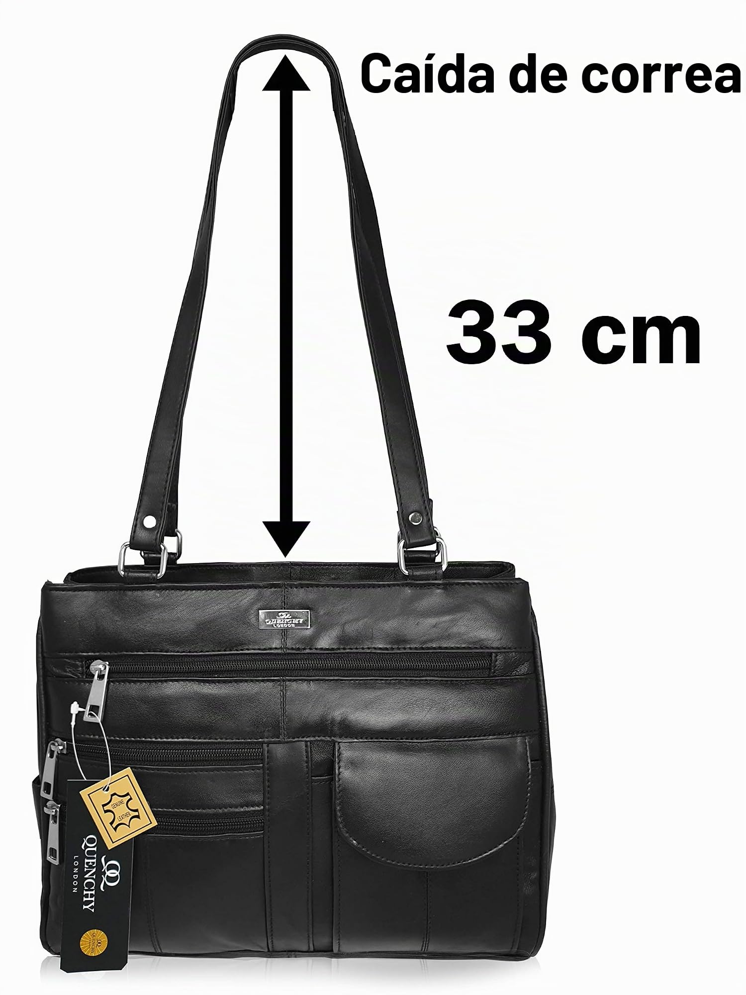 Quenchy London Bolso de Mano Mujer, de Piel Auténtica, Con Dos Asas, Ocho Bolsillos y Dos Amplios Compartimentos Principales Con Cremallera. Tamaño Mediano - QL173M