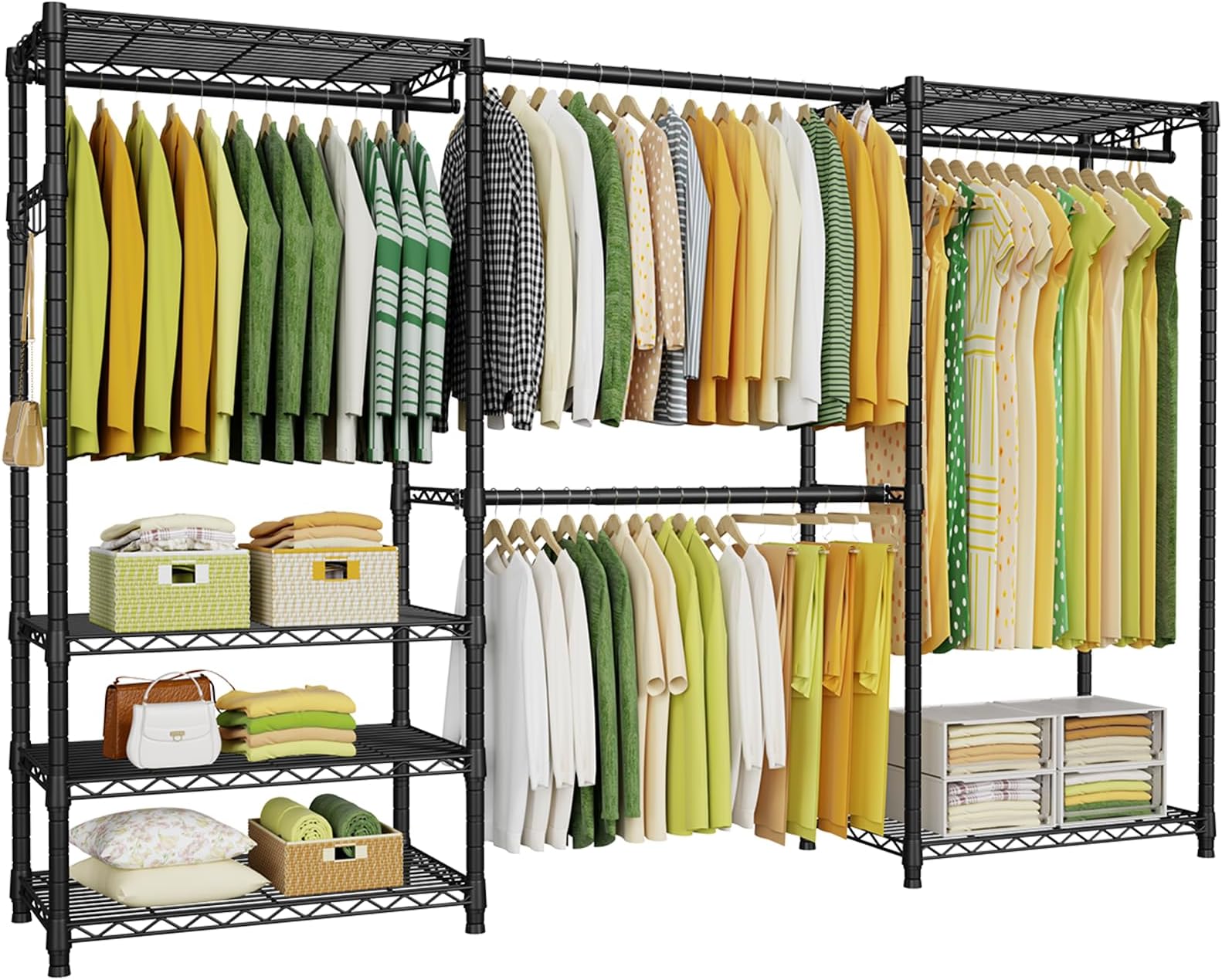 - E1 Heavy Duty Closet Garment Rack, 6 Tiers Adjustable Metal Freestanding Expandable Clothing Storage with 4 Hanger Rods, Easy to Assemble Wardrobe, 71.4" H x (70" - 88.2") L x 14" D, Black